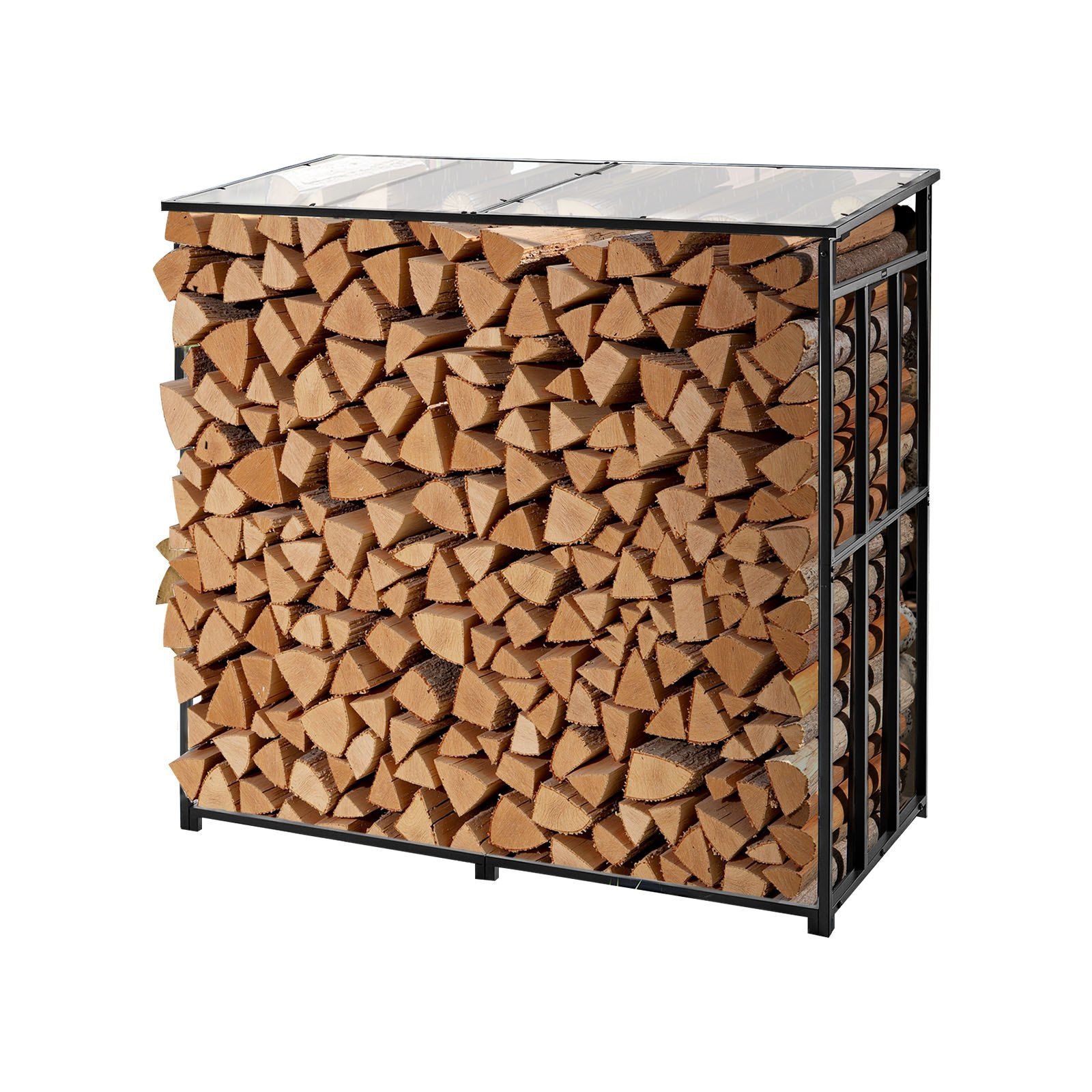 Firewood Rack with Sloped Roof, 143cm Outdoor Firewood Holder, 1/4 Cord Log Storage Shed, 299kg Max Weight Capacity, Powder-Coated Metal Wood Storage Rack for Fireplace Deck Backyard Garden - Image 1