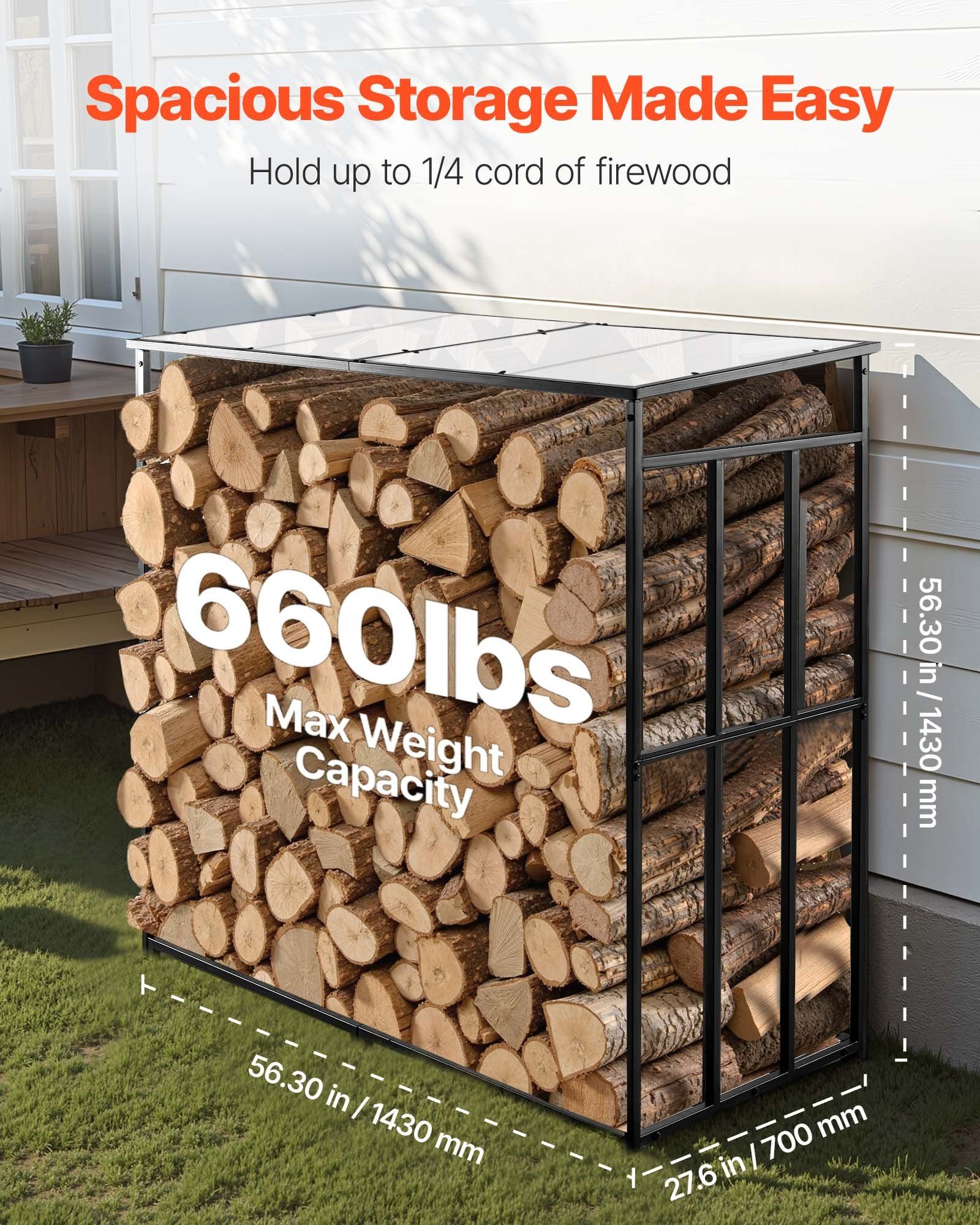 Firewood Rack with Sloped Roof, 143cm Outdoor Firewood Holder, 1/4 Cord Log Storage Shed, 299kg Max Weight Capacity, Powder-Coated Metal Wood Storage Rack for Fireplace Deck Backyard Garden - Image 4