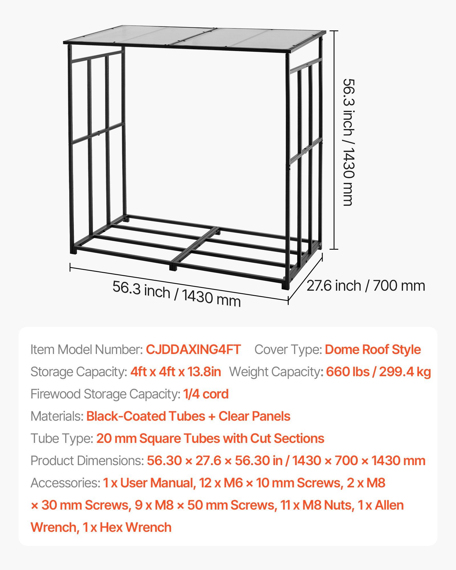 Firewood Rack with Sloped Roof, 143cm Outdoor Firewood Holder, 1/4 Cord Log Storage Shed, 299kg Max Weight Capacity, Powder-Coated Metal Wood Storage Rack for Fireplace Deck Backyard Garden - Image 7