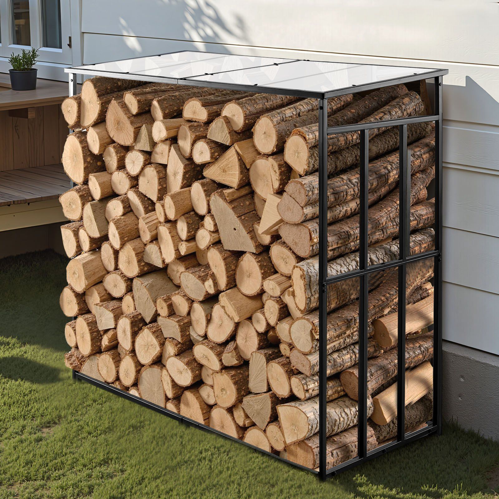 Firewood Rack with Sloped Roof, 143cm Outdoor Firewood Holder, 1/4 Cord Log Storage Shed, 299kg Max Weight Capacity, Powder-Coated Metal Wood Storage Rack for Fireplace Deck Backyard Garden - Image 8