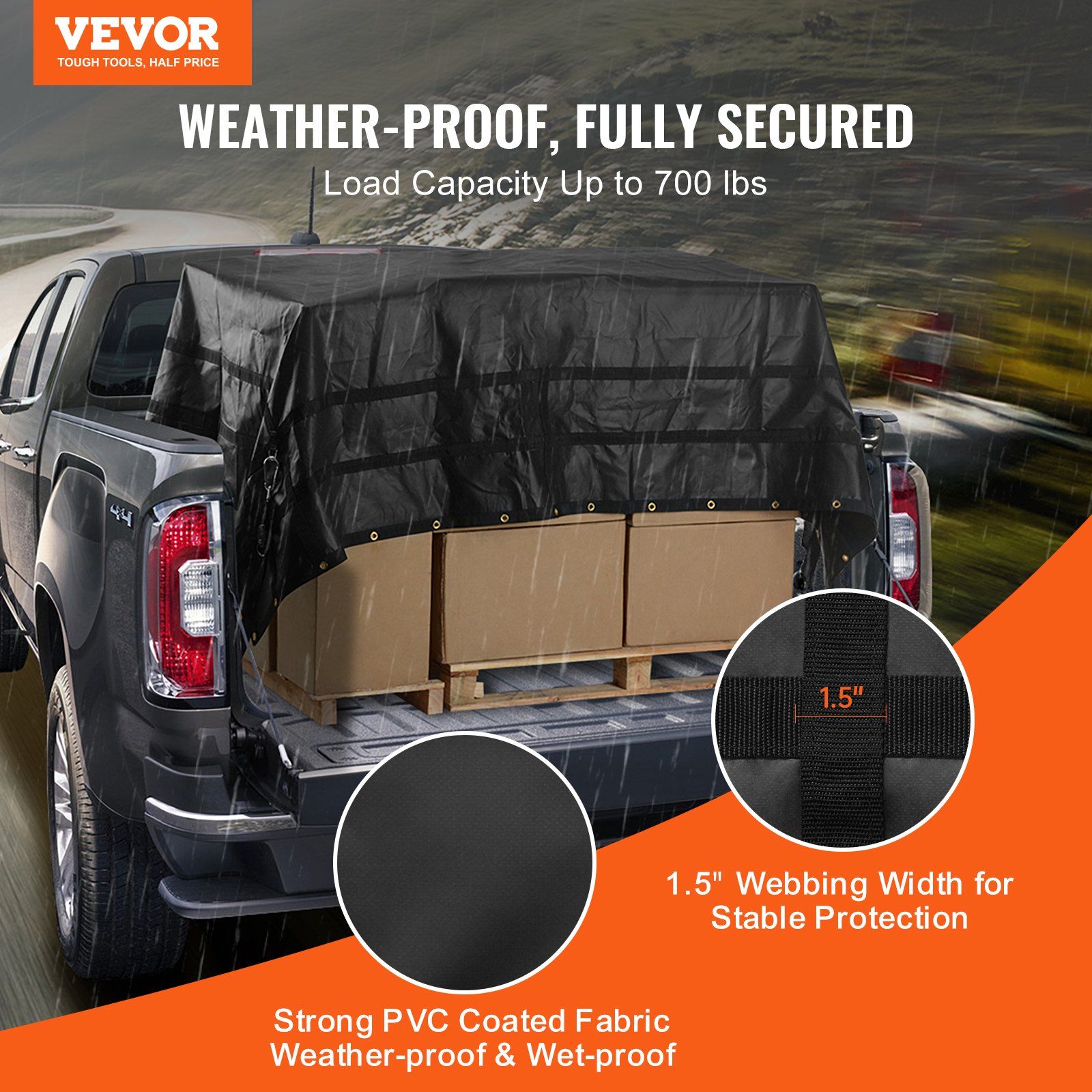 Cargo Net, 3050 x 2670 mm, Heavy Duty Truck Cargo Net for Truck Bed, 4 Adjustable Straps with Carabiners and Rubber Coated Hooks, Durable, Suitable for Pickup, Jeep, Truck, SUV, Boat (Black) - Image 2