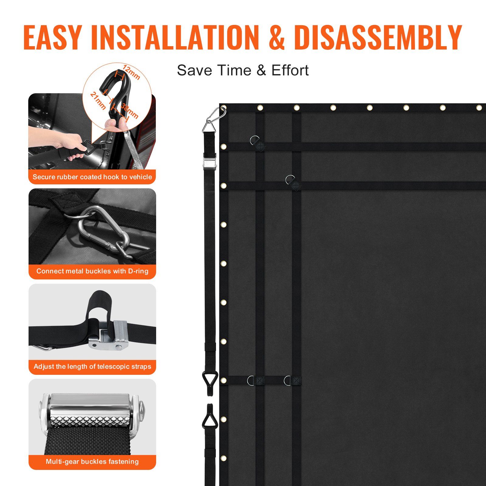 Cargo Net, 3050 x 2670 mm, Heavy Duty Truck Cargo Net for Truck Bed, 4 Adjustable Straps with Carabiners and Rubber Coated Hooks, Durable, Suitable for Pickup, Jeep, Truck, SUV, Boat (Black) - Image 5