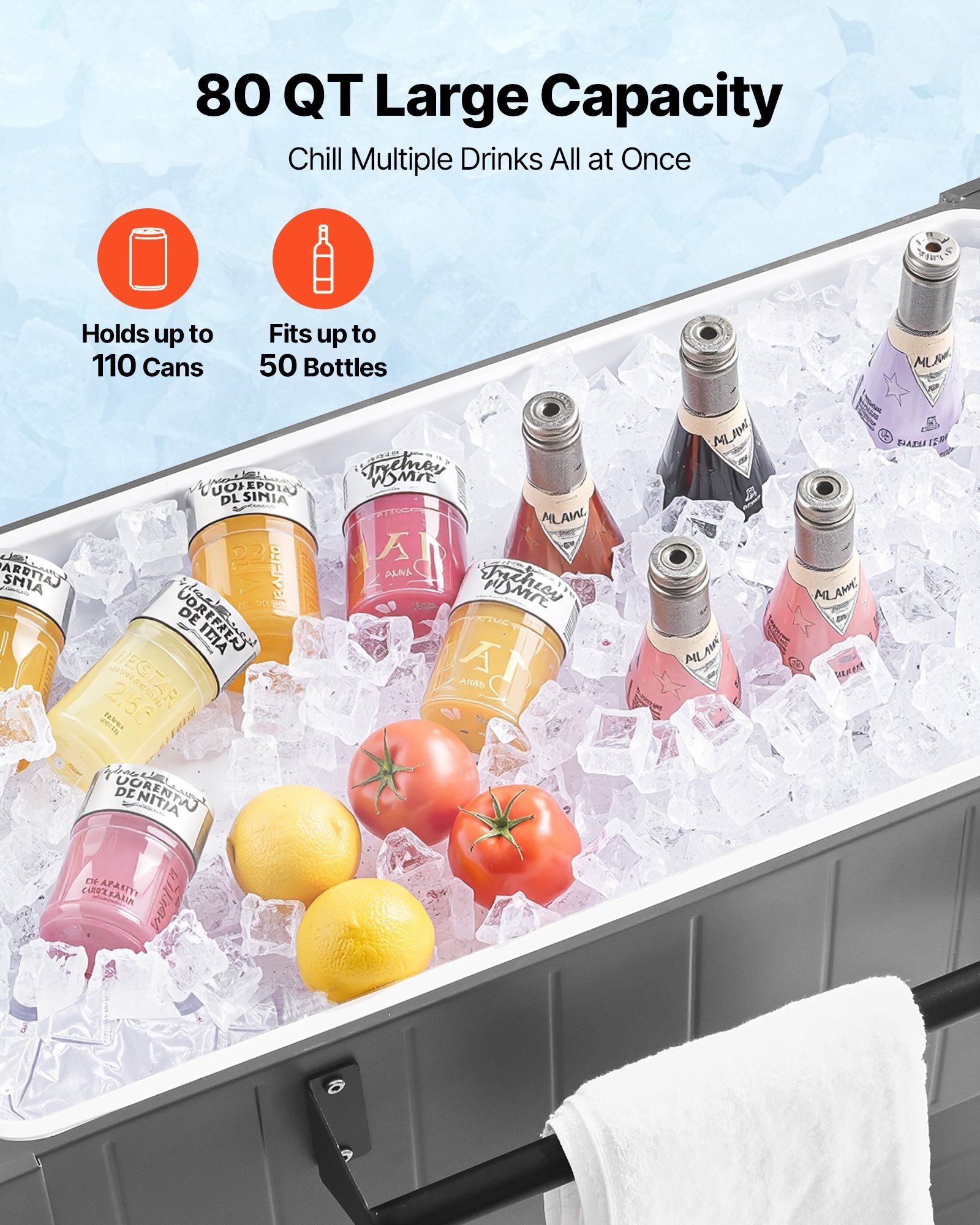 75.7L Rolling Ice Chest, Hold up to 50 Bottles / 110 Cans, Portable Patio Party Bar Drink Cooler Cart with Bottom Shelf & Foldable Side Shelves, Beverage Pool with Swivel Wheels & Bottle Opener - Image 2