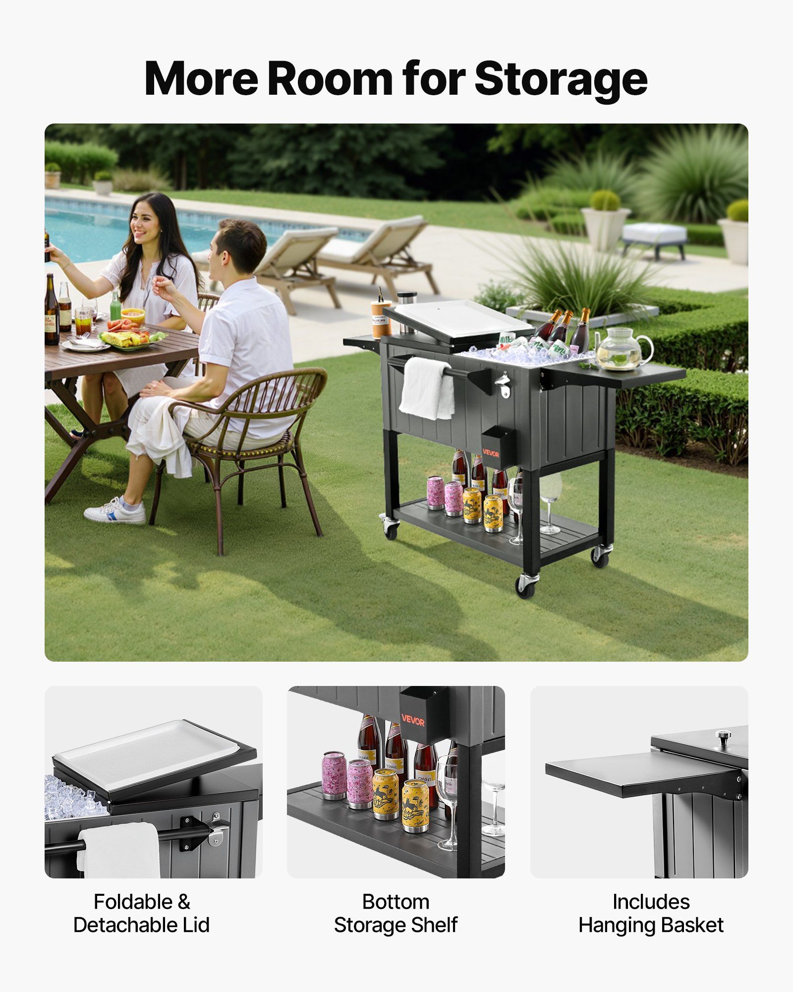 75.7L Rolling Ice Chest, Hold up to 50 Bottles / 110 Cans, Portable Patio Party Bar Drink Cooler Cart with Bottom Shelf & Foldable Side Shelves, Beverage Pool with Swivel Wheels & Bottle Opener - Image 3