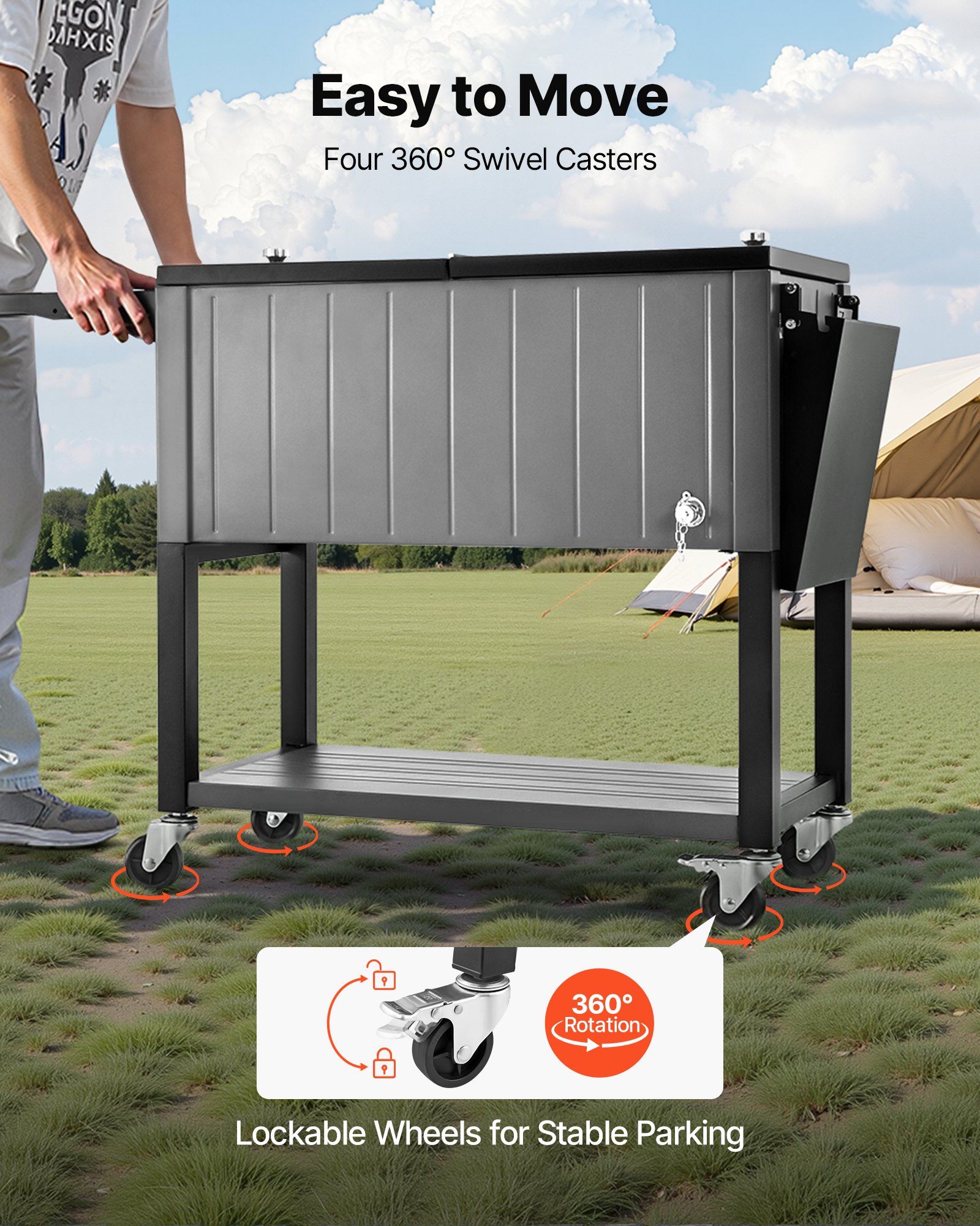 75.7L Rolling Ice Chest, Hold up to 50 Bottles / 110 Cans, Portable Patio Party Bar Drink Cooler Cart with Bottom Shelf & Foldable Side Shelves, Beverage Pool with Swivel Wheels & Bottle Opener - Image 4