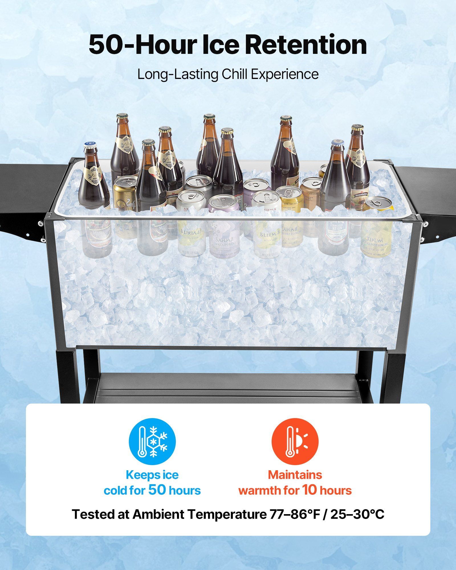 75.7L Rolling Ice Chest, Hold up to 50 Bottles / 110 Cans, Portable Patio Party Bar Drink Cooler Cart with Bottom Shelf & Foldable Side Shelves, Beverage Pool with Swivel Wheels & Bottle Opener - Image 5
