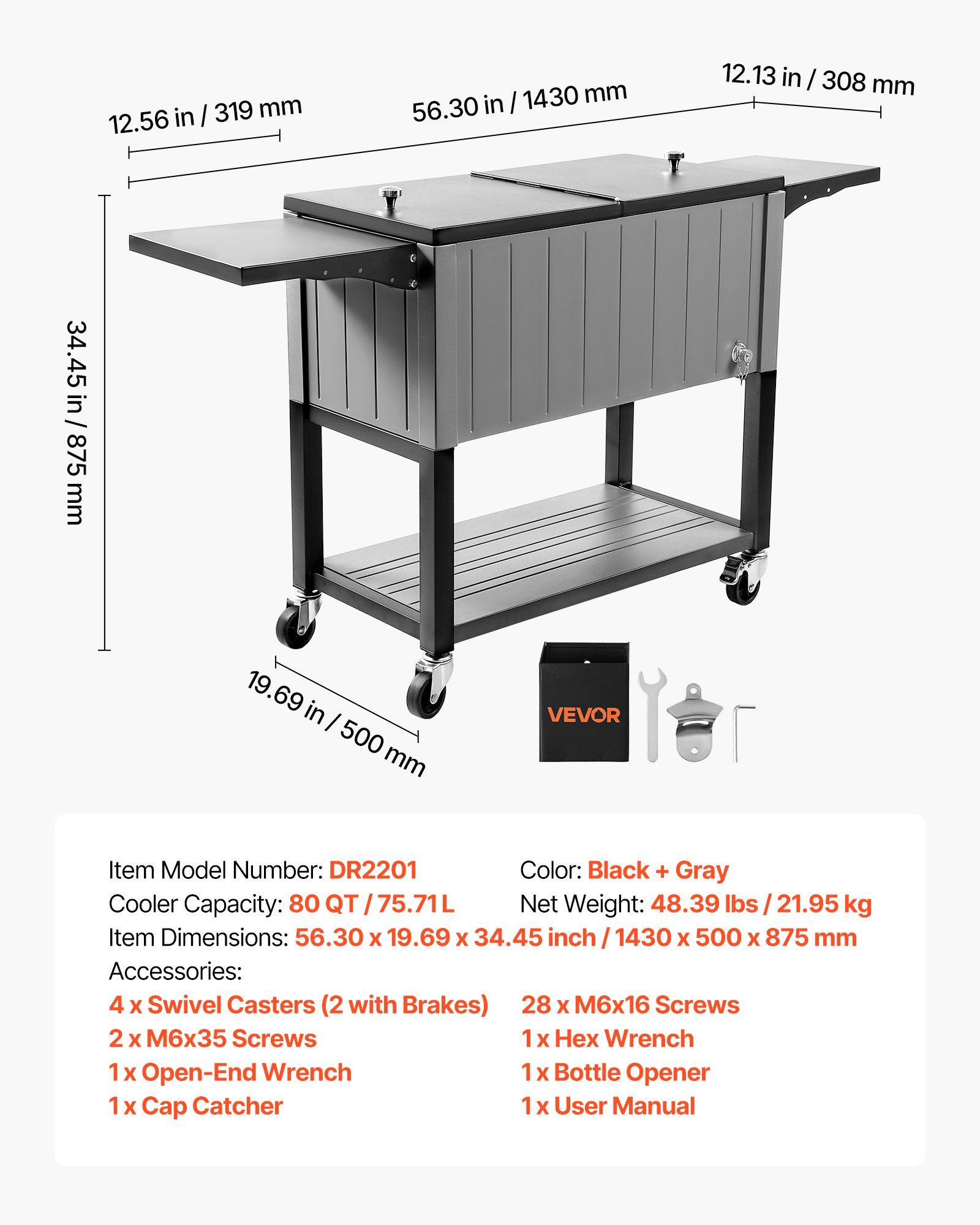 75.7L Rolling Ice Chest, Hold up to 50 Bottles / 110 Cans, Portable Patio Party Bar Drink Cooler Cart with Bottom Shelf & Foldable Side Shelves, Beverage Pool with Swivel Wheels & Bottle Opener - Image 7