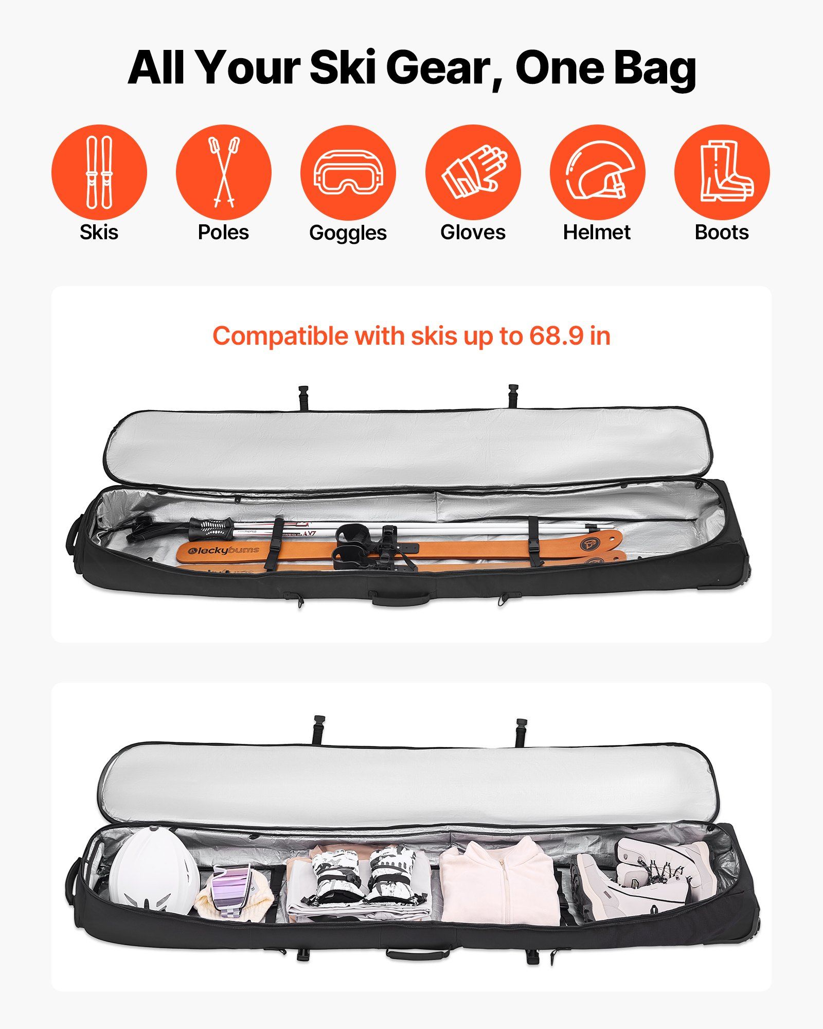 Ski Roller Bag, Up to 74.8 in/190 cm, Padded Snowboard Bag with Wheels for Air Travel, 600D Waterproof Oxford Fabric, with Adjustable Straps, for Skis Poles Goggles Gloves Helmet Boots (Black) - Image 2