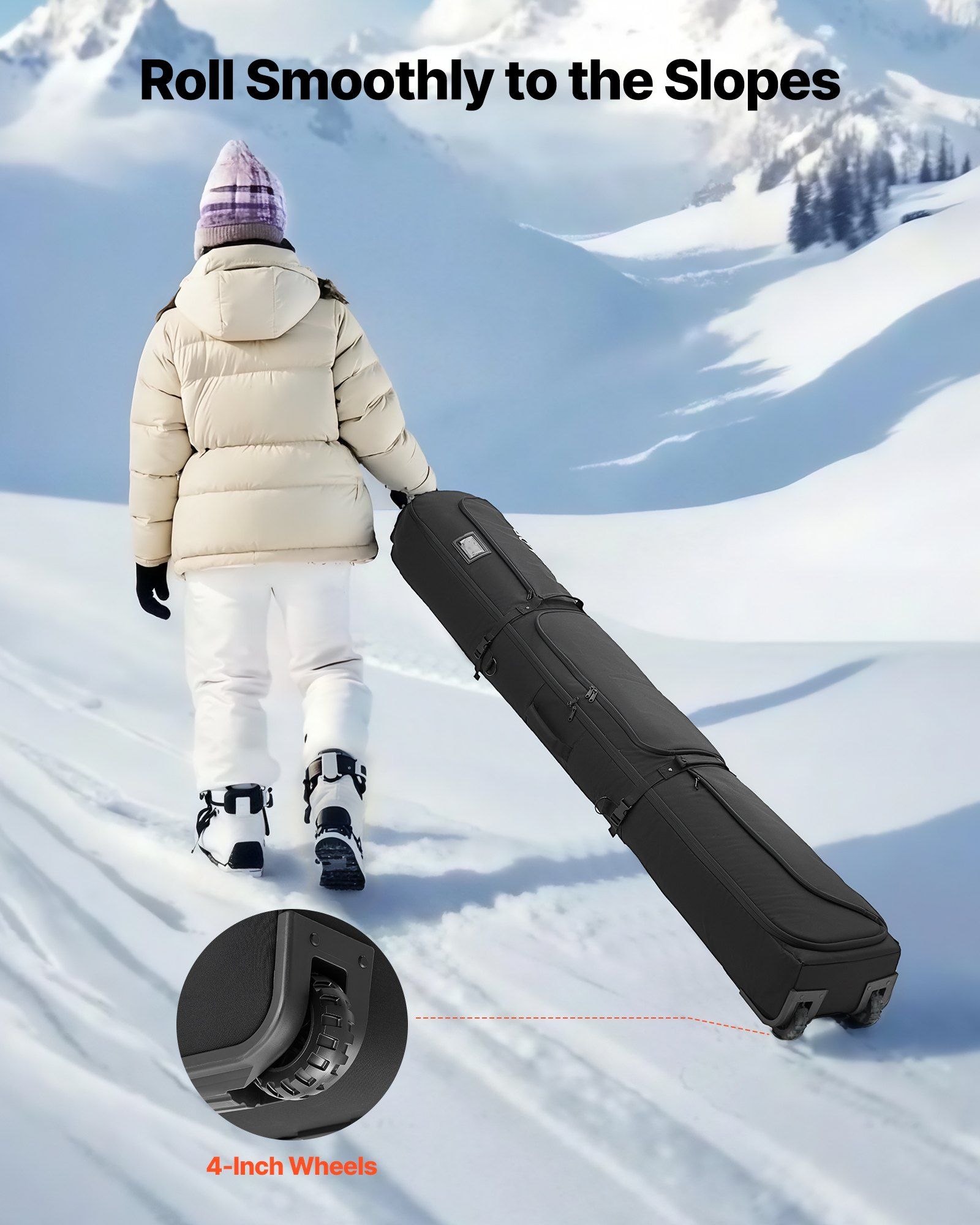 Ski Roller Bag, Up to 74.8 in/190 cm, Padded Snowboard Bag with Wheels for Air Travel, 600D Waterproof Oxford Fabric, with Adjustable Straps, for Skis Poles Goggles Gloves Helmet Boots (Black) - Image 3