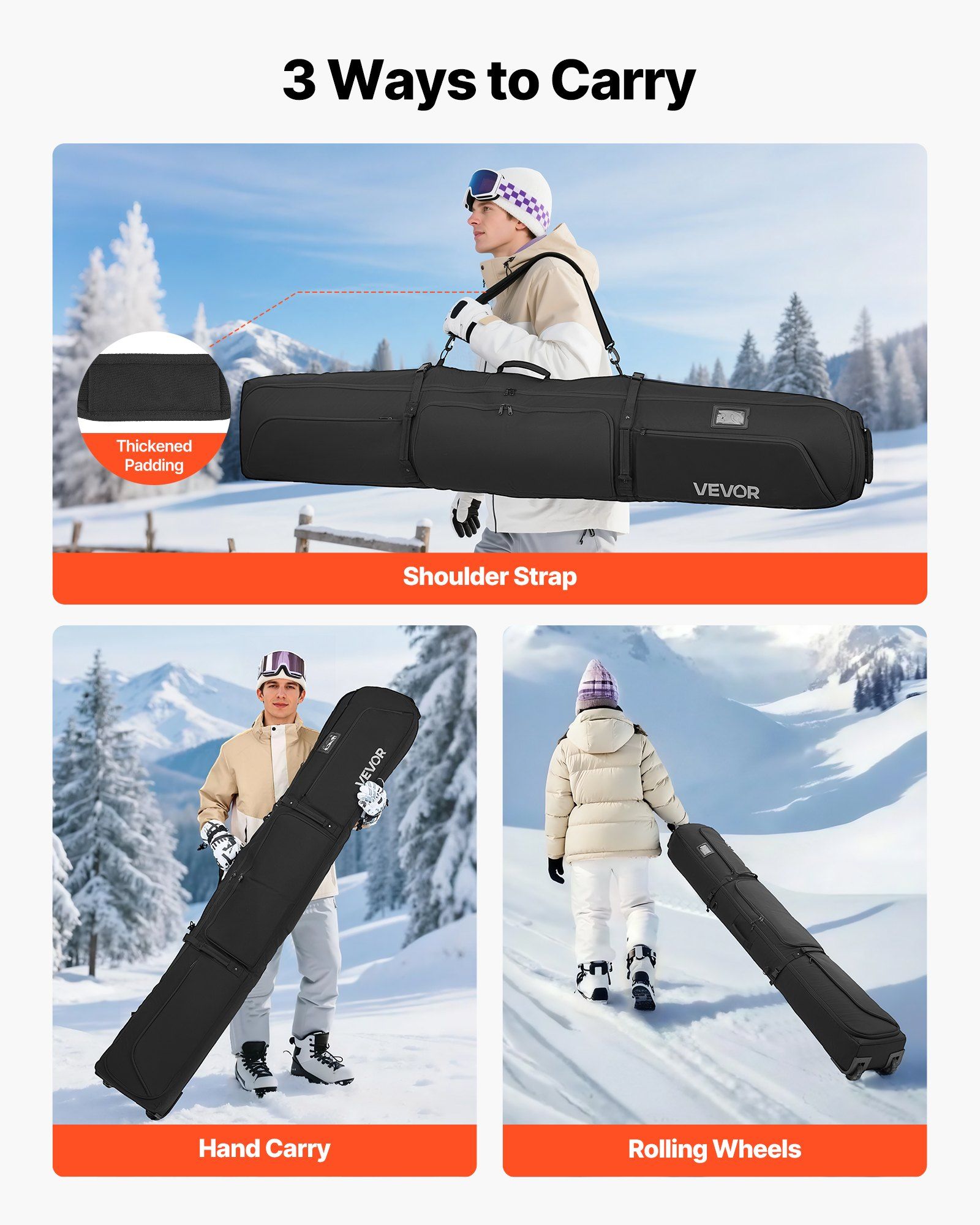 Ski Roller Bag, Up to 74.8 in/190 cm, Padded Snowboard Bag with Wheels for Air Travel, 600D Waterproof Oxford Fabric, with Adjustable Straps, for Skis Poles Goggles Gloves Helmet Boots (Black) - Image 5