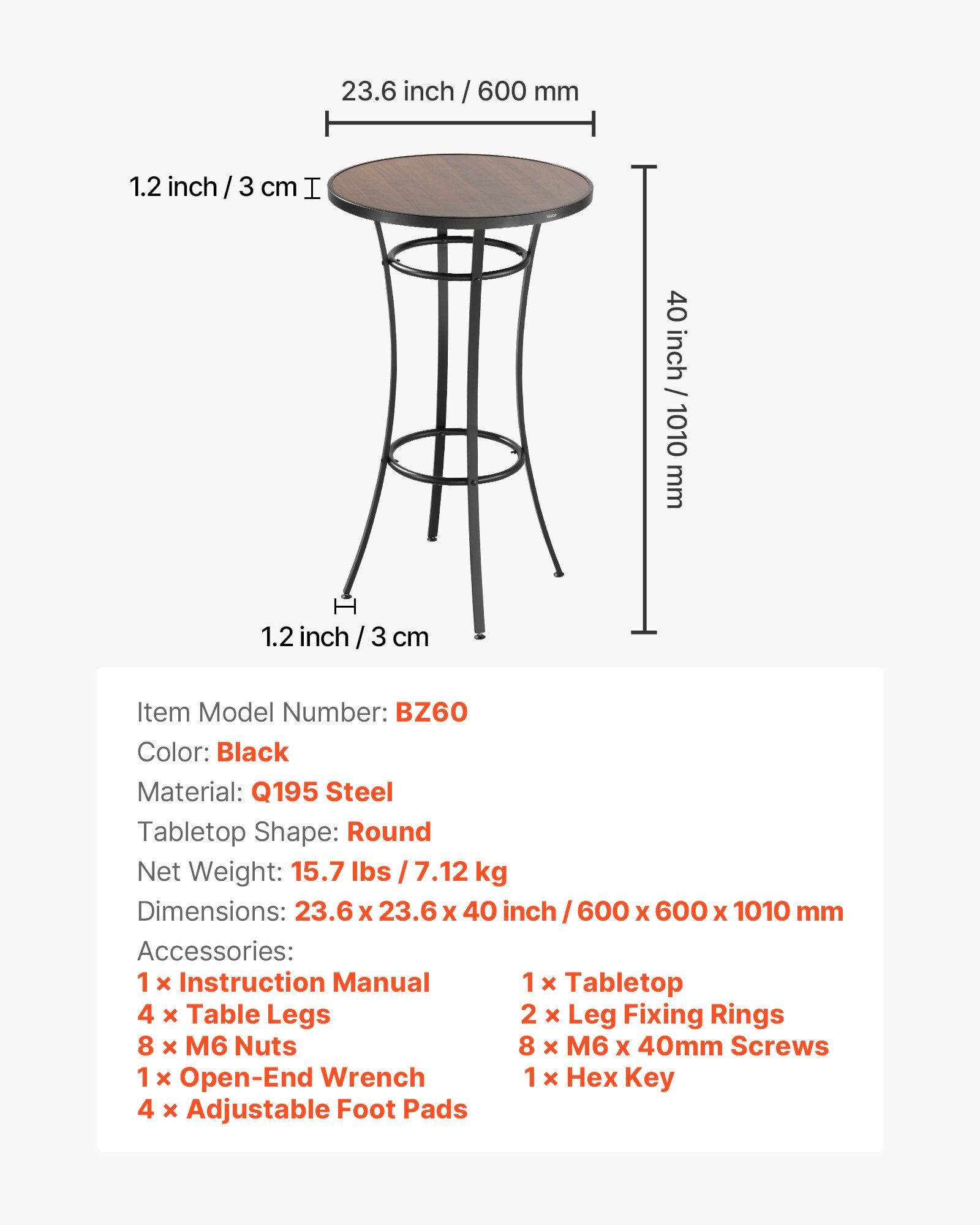 Outdoor Round Bar Table, 60 cm Counter Bar Height Bistro Table, Patio Dining Tables with Easy-to-Clean Top & Sturdy Metal Frame, Indoor High Top Pub Tables for Small Places, Kitchen - Image 7
