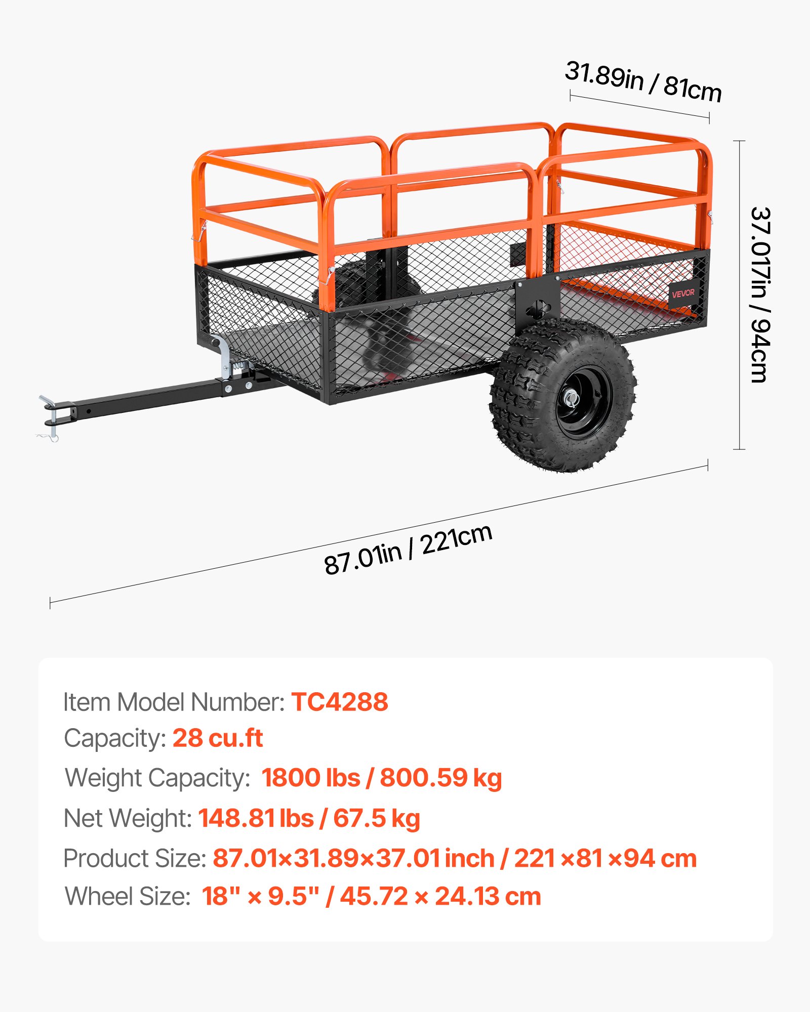 Garden Utility Trailer, 28 Cu. Ft. & 800 kg, ATV UTV Trailer, Tow Behind Steel Dump Trailers, Removable Rear Panel, Heavy Duty Pull Behind Yard Trailers for Lawn Mower Tractor Garden Waste - Image 7