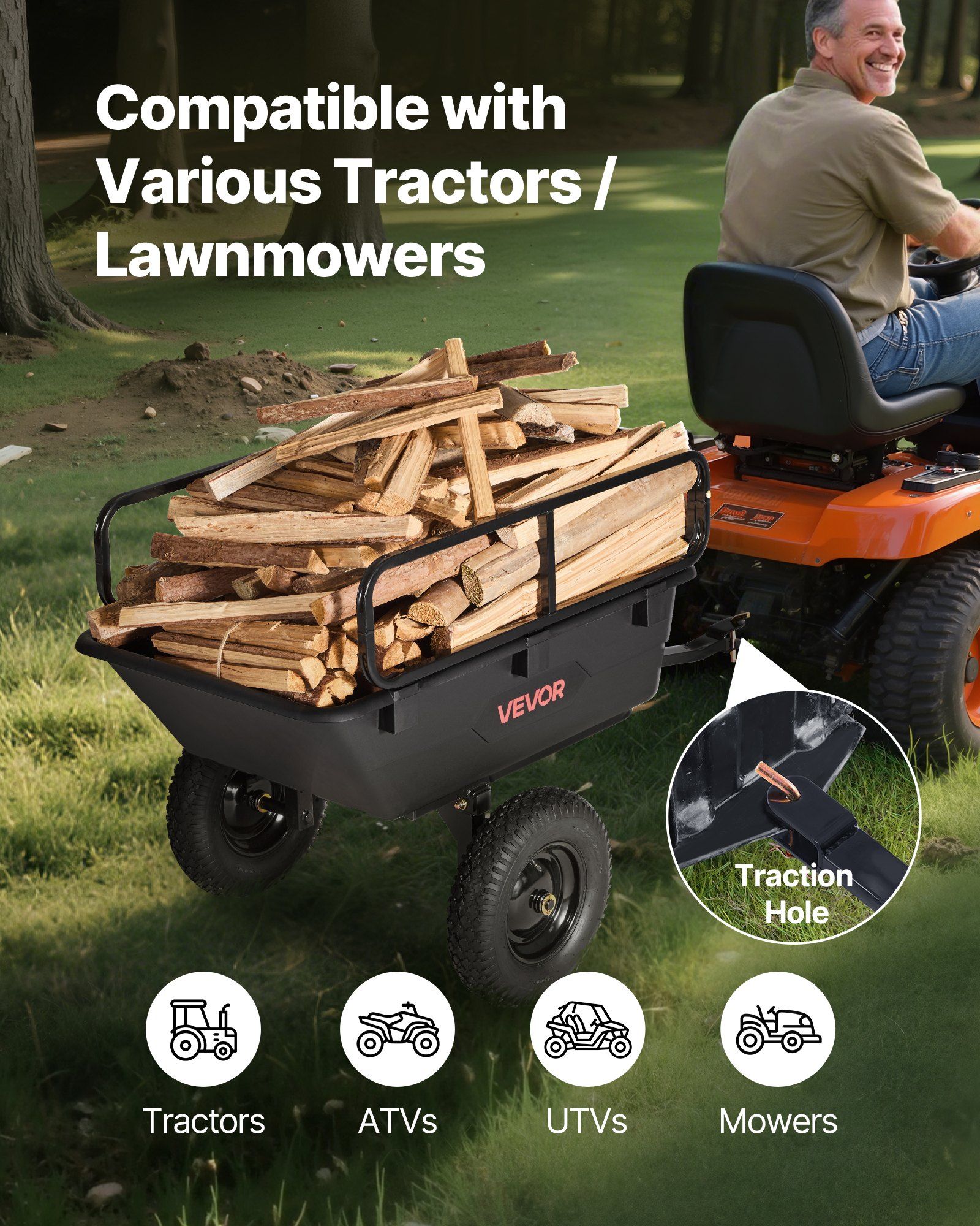 Garden Utility Trailer, 10 Cu. Ft 227 kg, ATV UTV Hauling Trailer, Tow Behind Poly Dump Cart with 16