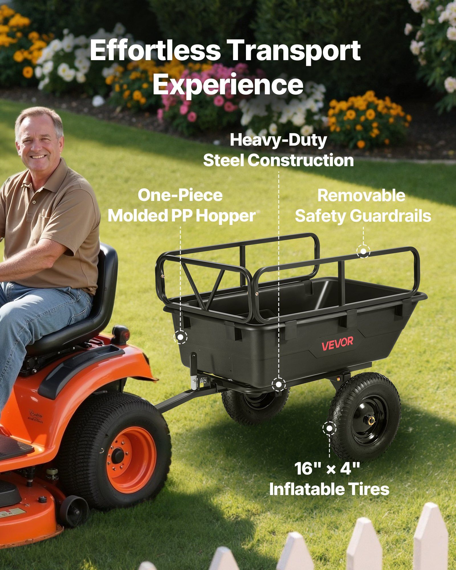 Garden Utility Trailer, 10 Cu. Ft 227 kg, ATV UTV Hauling Trailer, Tow Behind Poly Dump Cart with 16