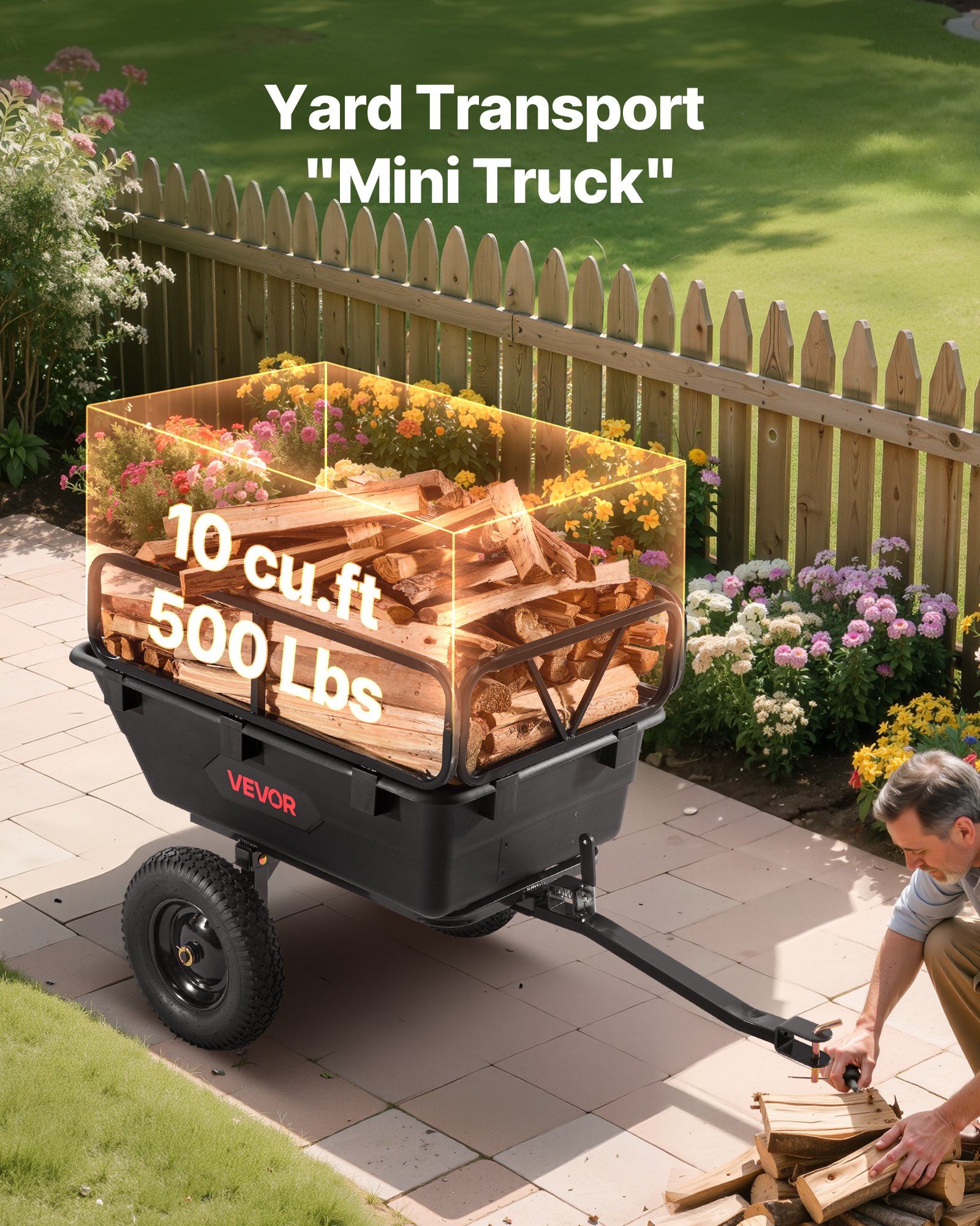 Garden Utility Trailer, 10 Cu. Ft 227 kg, ATV UTV Hauling Trailer, Tow Behind Poly Dump Cart with 16