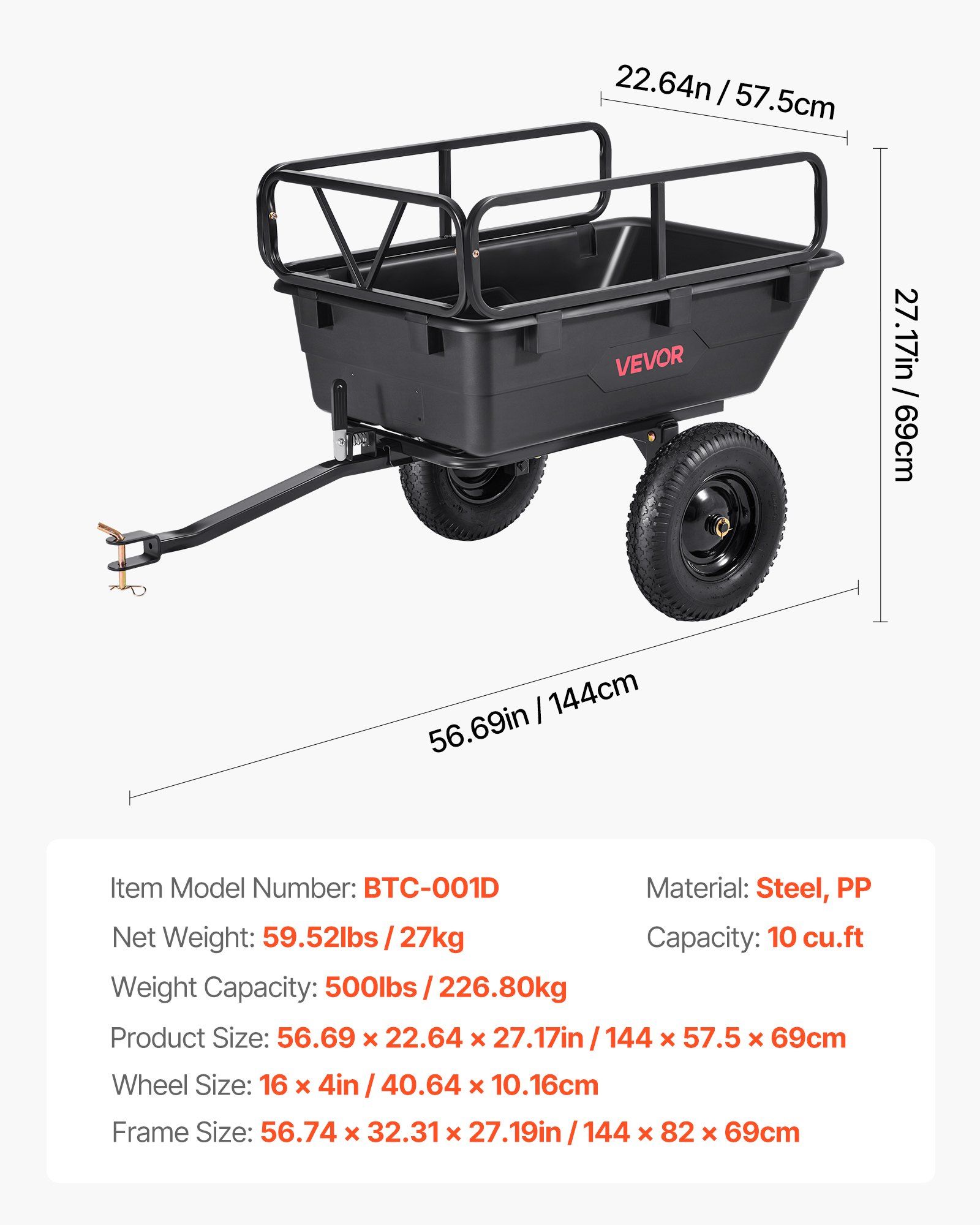 Garden Utility Trailer, 10 Cu. Ft 227 kg, ATV UTV Hauling Trailer, Tow Behind Poly Dump Cart with 16