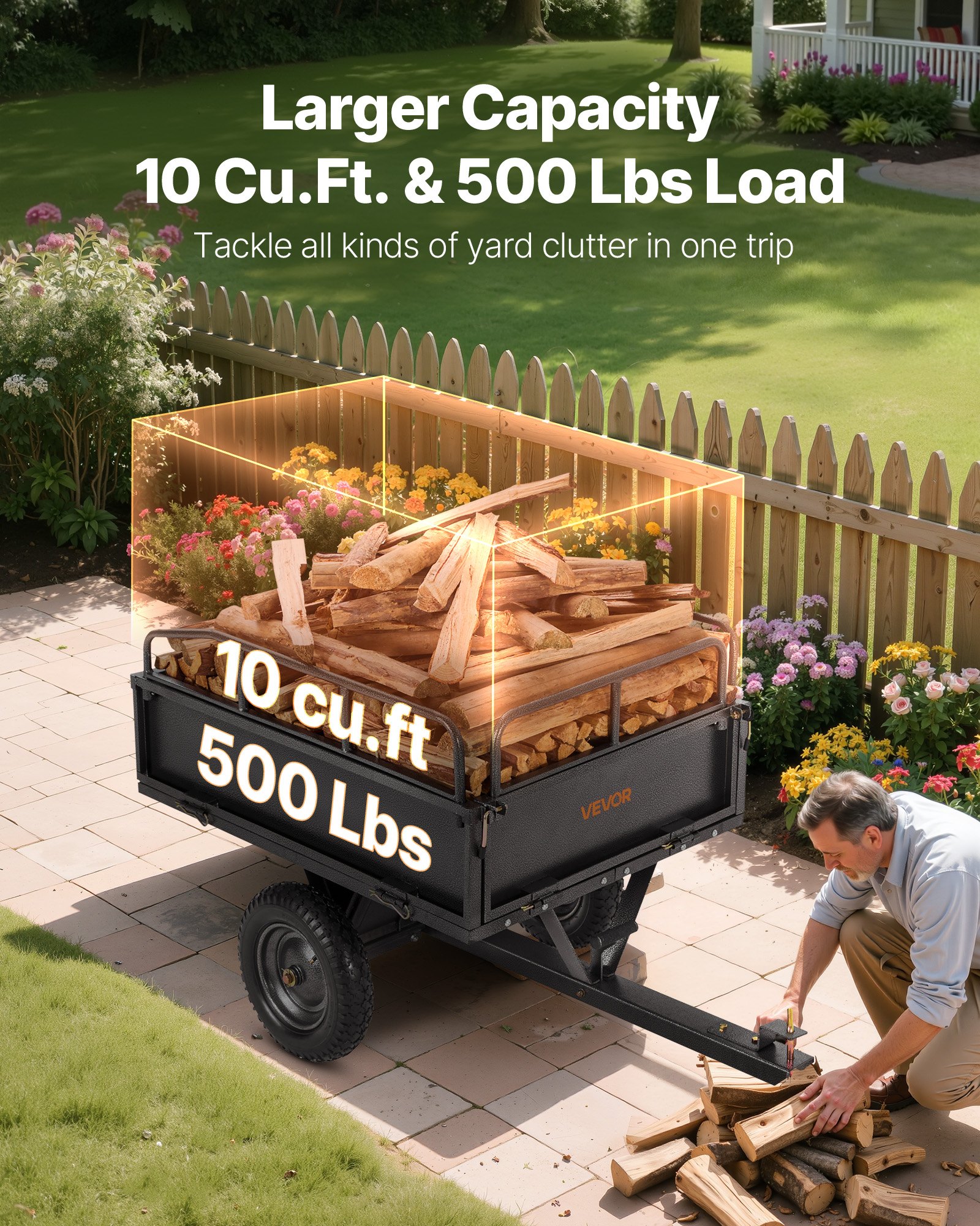 Garden Utility Trailer, 10 Cu. Ft & 227 kg Capacity, ATV UTV Hauling Trailer, Tow Behind Steel Dump Cart with 14