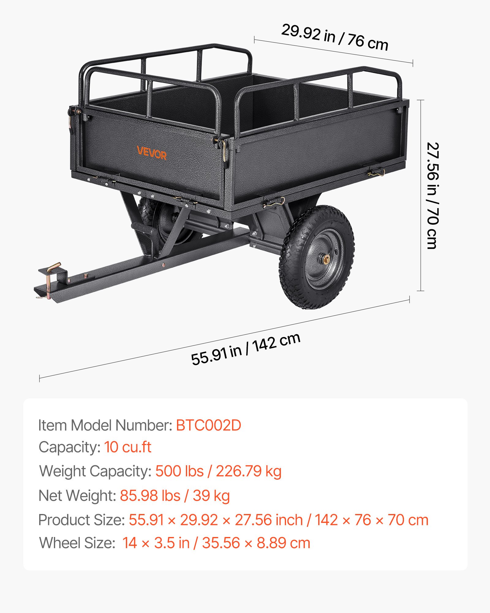 Garden Utility Trailer, 10 Cu. Ft & 227 kg Capacity, ATV UTV Hauling Trailer, Tow Behind Steel Dump Cart with 14