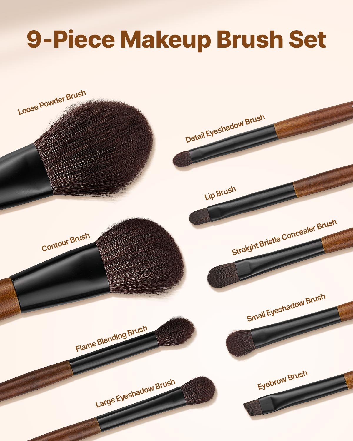 9-Piece Makeup Brush Set for Foundation Blending Eyeshadow, Professional Makeup Brush Kit with Soft Natural Wool & Vegan Synthetic Bristles, Ergonomic Wood Handle, Travel-Friendly Storage Bag - Image 2