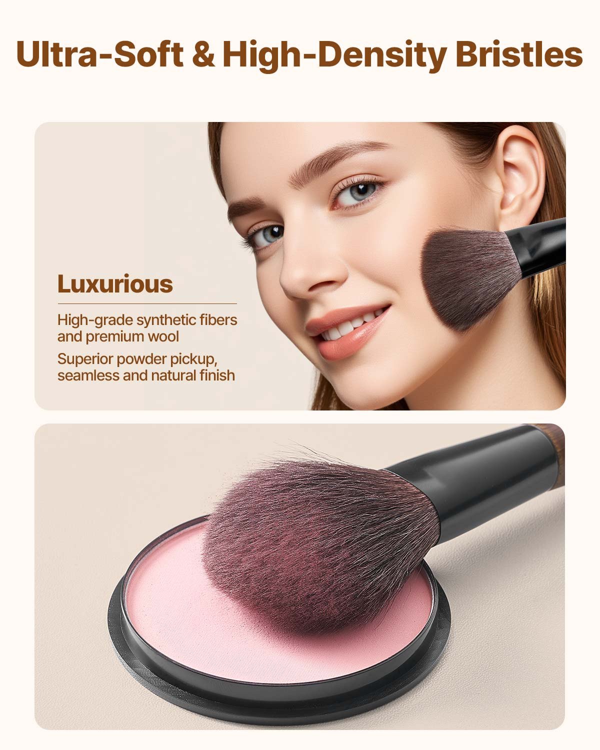 9-Piece Makeup Brush Set for Foundation Blending Eyeshadow, Professional Makeup Brush Kit with Soft Natural Wool & Vegan Synthetic Bristles, Ergonomic Wood Handle, Travel-Friendly Storage Bag - Image 3