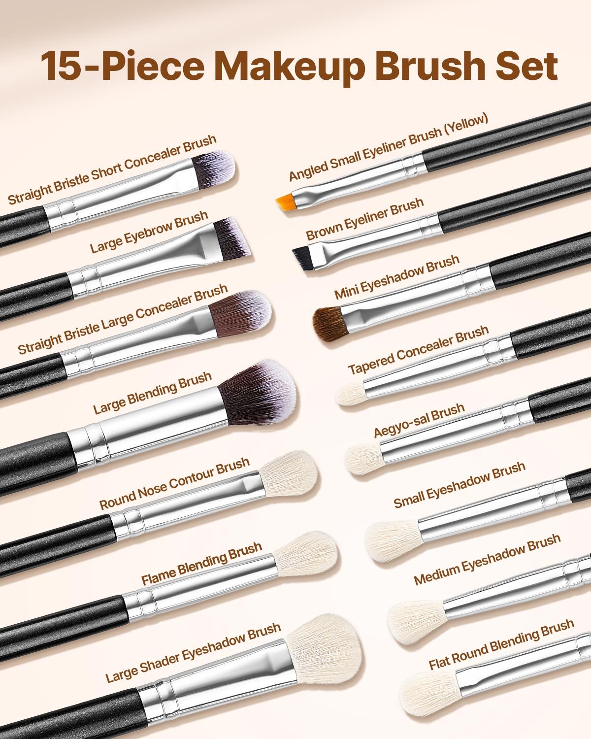 15-Piece Makeup Brush Set for Foundation Blending Eyeshadow, Professional Vegan Brushes with Soft Synthetic Bristles, Ergonomic Wood Handle & Aluminum Ferrule, Portable and Travel-Friendly - Image 2
