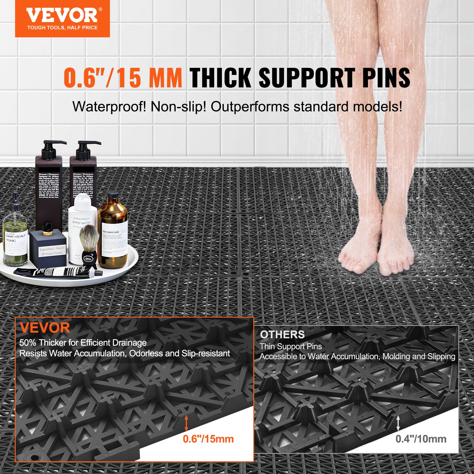 Modular Interlocking Cushion, 50 Pack 30 x 30 cm Splicing Drainage Mats, PVC Interlocking Drainage Floor Tiles, Non-Slip Drainage Holes for Restroom, Bathroom, Kitchen, Pool, Wet Area, Black - Image 2