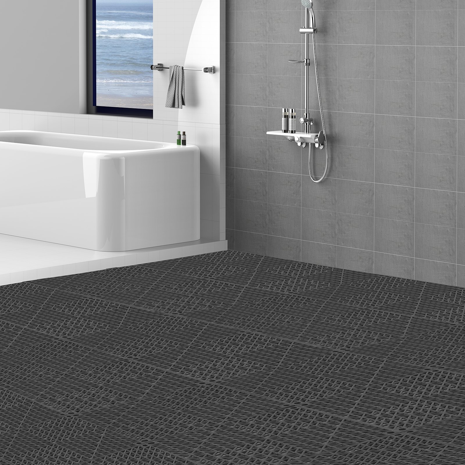 Modular Interlocking Cushion, 50 Pack 30 x 30 cm Splicing Drainage Mats, PVC Interlocking Drainage Floor Tiles, Non-Slip Drainage Holes for Restroom, Bathroom, Kitchen, Pool, Wet Area, Black - Image 8