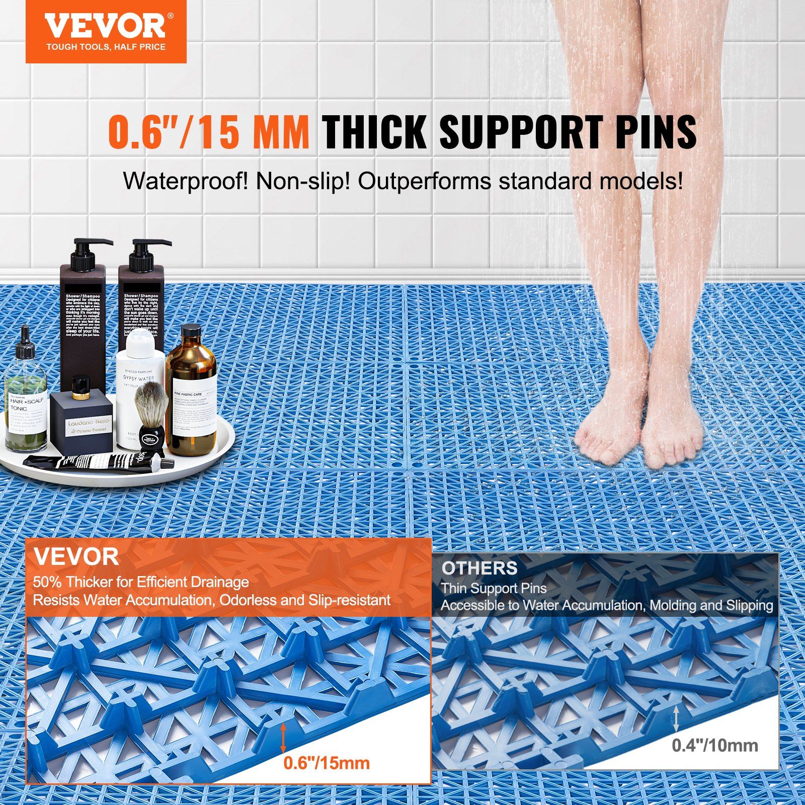 Modular Interlocking Cushion, 50 Pack 30 x 30 cm Splicing Drainage Mats, Soft PVC Interlocking Drainage Floor Tiles, Non-Slip Drainage Holes for Restroom, Bathroom, Kitchen, Pool, Wet Area, Blue - Image 2
