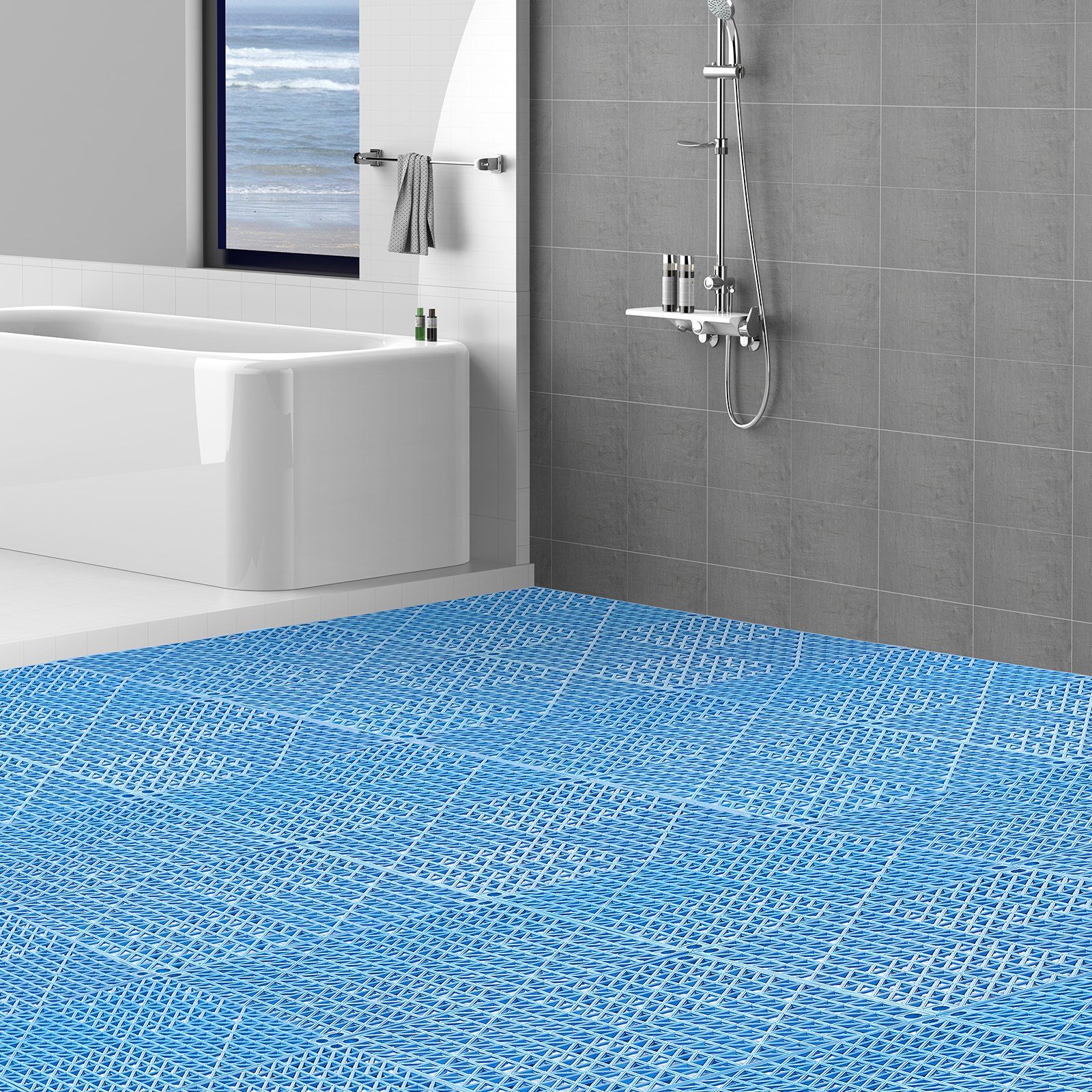 Modular Interlocking Cushion, 50 Pack 30 x 30 cm Splicing Drainage Mats, Soft PVC Interlocking Drainage Floor Tiles, Non-Slip Drainage Holes for Restroom, Bathroom, Kitchen, Pool, Wet Area, Blue - Image 8