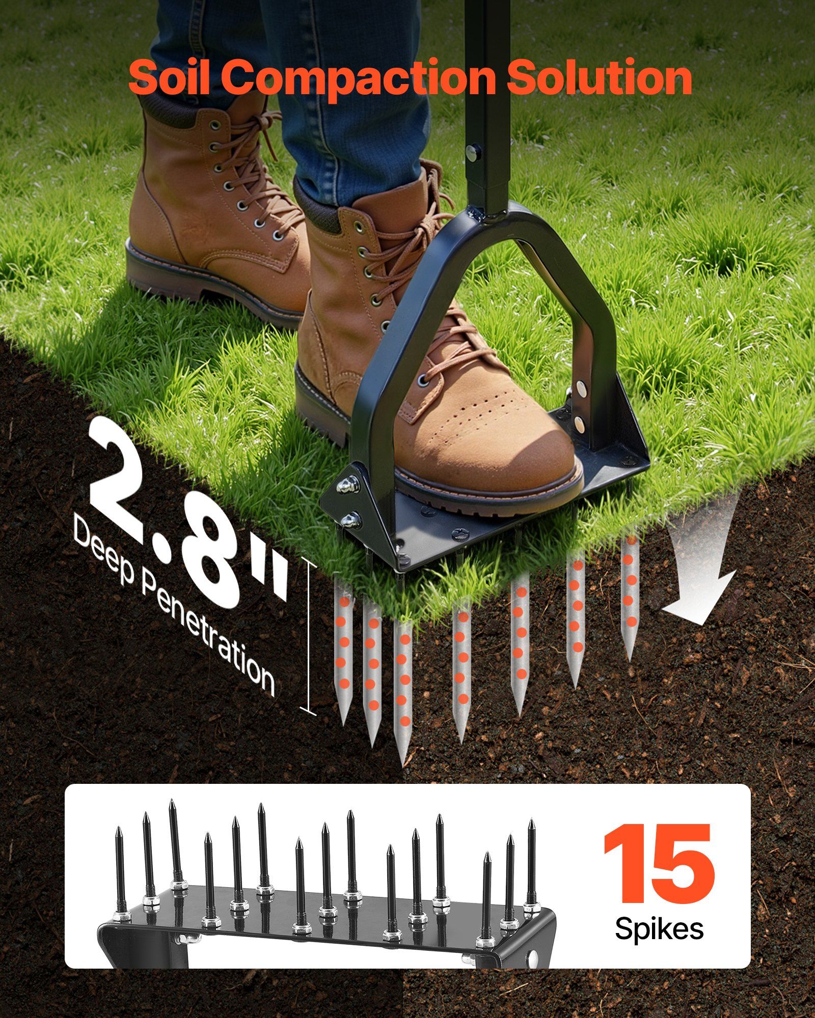 Lawn Aerator, 9.2 in Manual Core Aerator Tool with 15 Iron Spikes, Long Handle & Wide Plate, Heavy Duty Grass Aeration Tool, Yard Aerators for Compacted Hardened Soil Lawn Aeration - Image 2