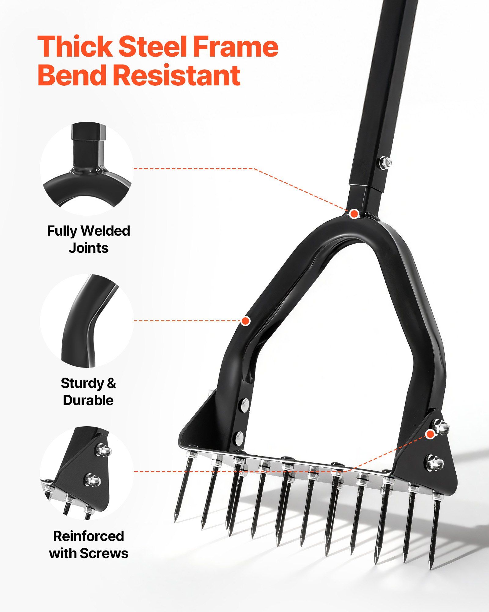 Lawn Aerator, 9.2 in Manual Core Aerator Tool with 15 Iron Spikes, Long Handle & Wide Plate, Heavy Duty Grass Aeration Tool, Yard Aerators for Compacted Hardened Soil Lawn Aeration - Image 3