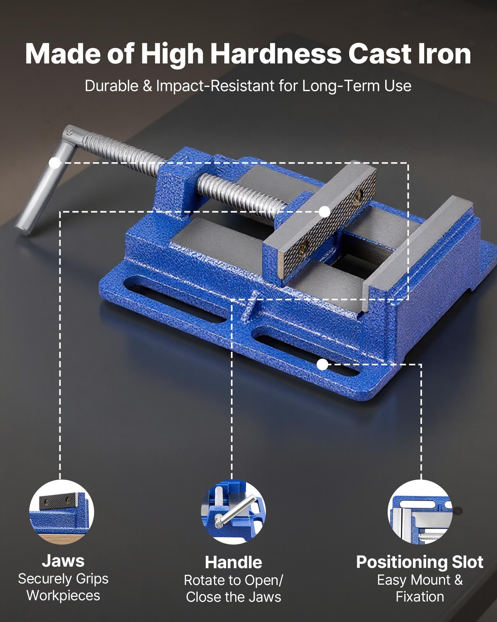 Drill Press Vise, 4 Inch Jaw Width, Portable Bench Vise, Slotted Base for Easy Installation, Durable Cast Iron Construction, Workbench Vice, for Woodworking, Metalworking, Drilling, and Cutting - Image 3