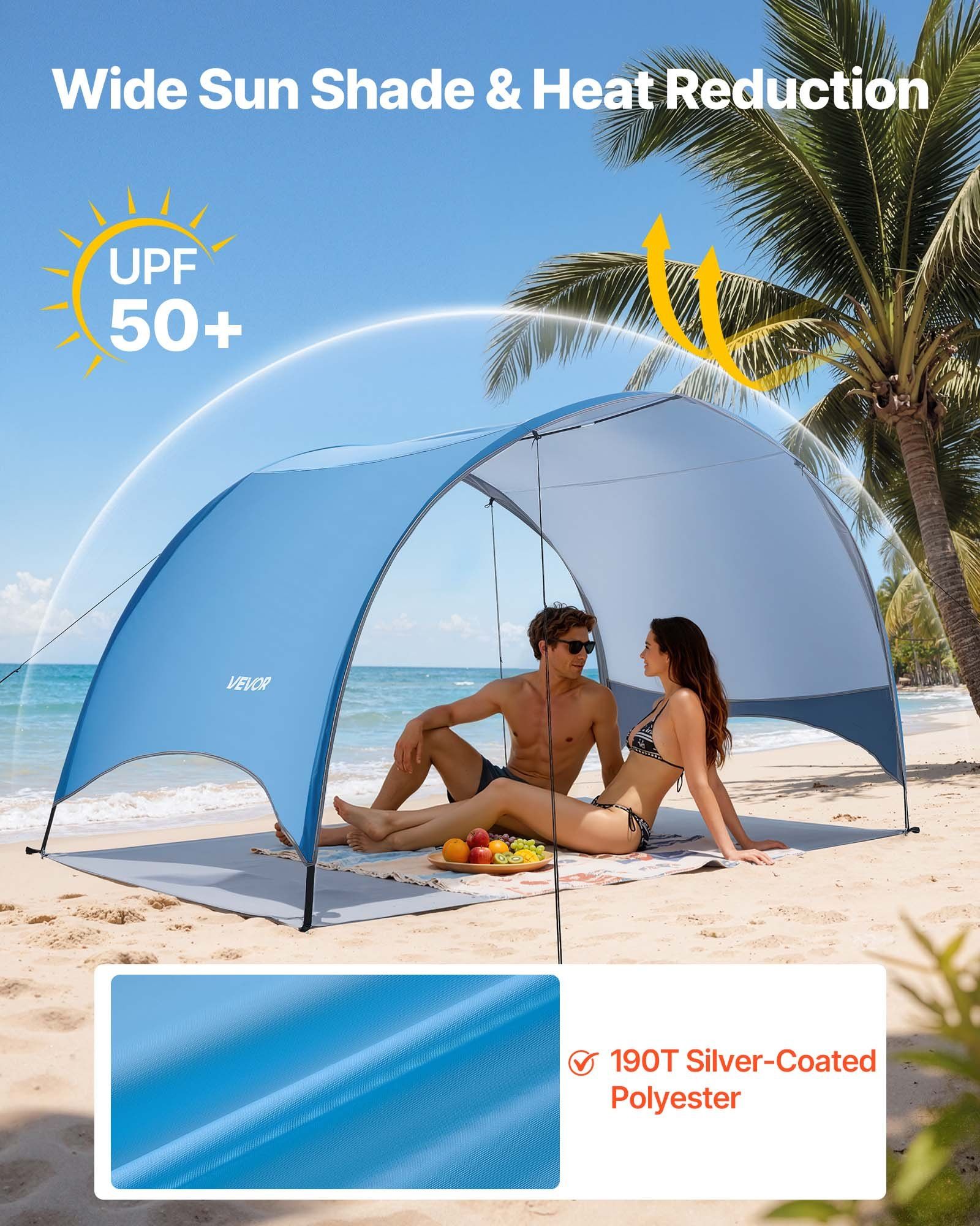 Beach Tent Sun Shelter for 3 Person, UPF 50+ Protection, Portable Sun Shade Canopy with Carrying Bag & Ground Stakes, Lightweight and Easy Setup Beach Umbrella for Camping Fishing Outdoor Picnic - Image 2