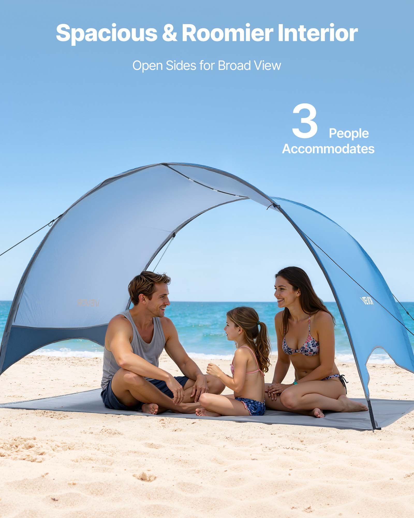 Beach Tent Sun Shelter for 3 Person, UPF 50+ Protection, Portable Sun Shade Canopy with Carrying Bag & Ground Stakes, Lightweight and Easy Setup Beach Umbrella for Camping Fishing Outdoor Picnic - Image 3