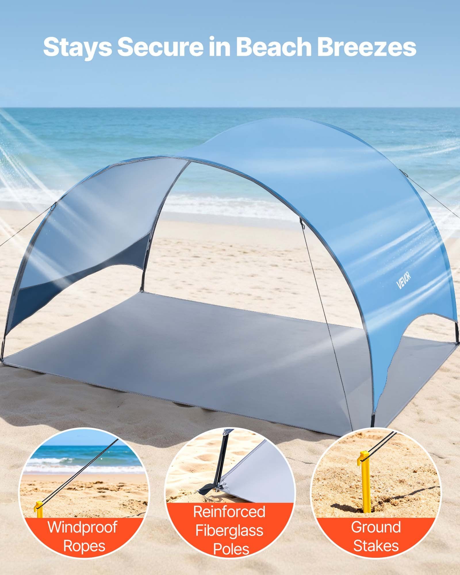 Beach Tent Sun Shelter for 3 Person, UPF 50+ Protection, Portable Sun Shade Canopy with Carrying Bag & Ground Stakes, Lightweight and Easy Setup Beach Umbrella for Camping Fishing Outdoor Picnic - Image 5