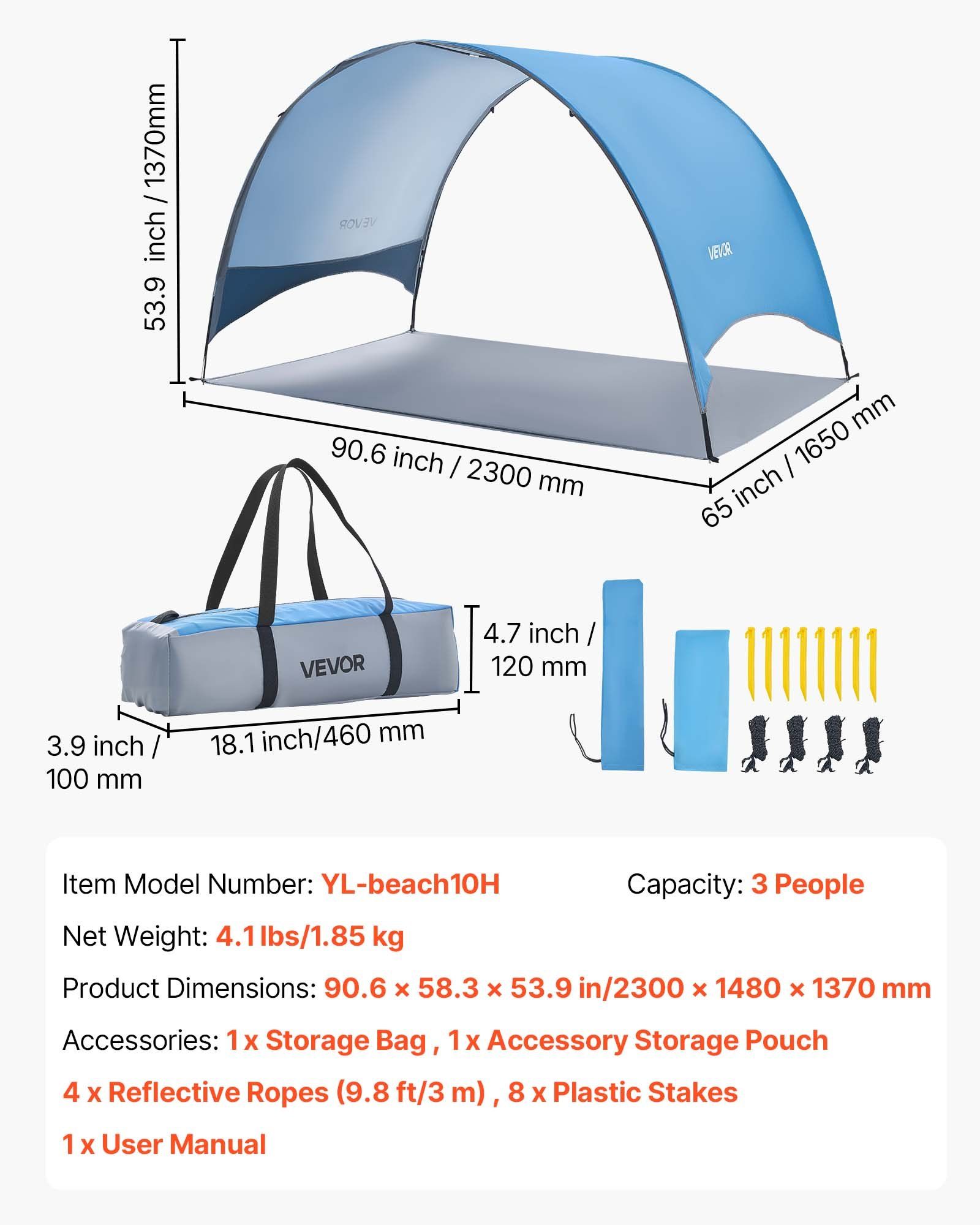 Beach Tent Sun Shelter for 3 Person, UPF 50+ Protection, Portable Sun Shade Canopy with Carrying Bag & Ground Stakes, Lightweight and Easy Setup Beach Umbrella for Camping Fishing Outdoor Picnic - Image 7