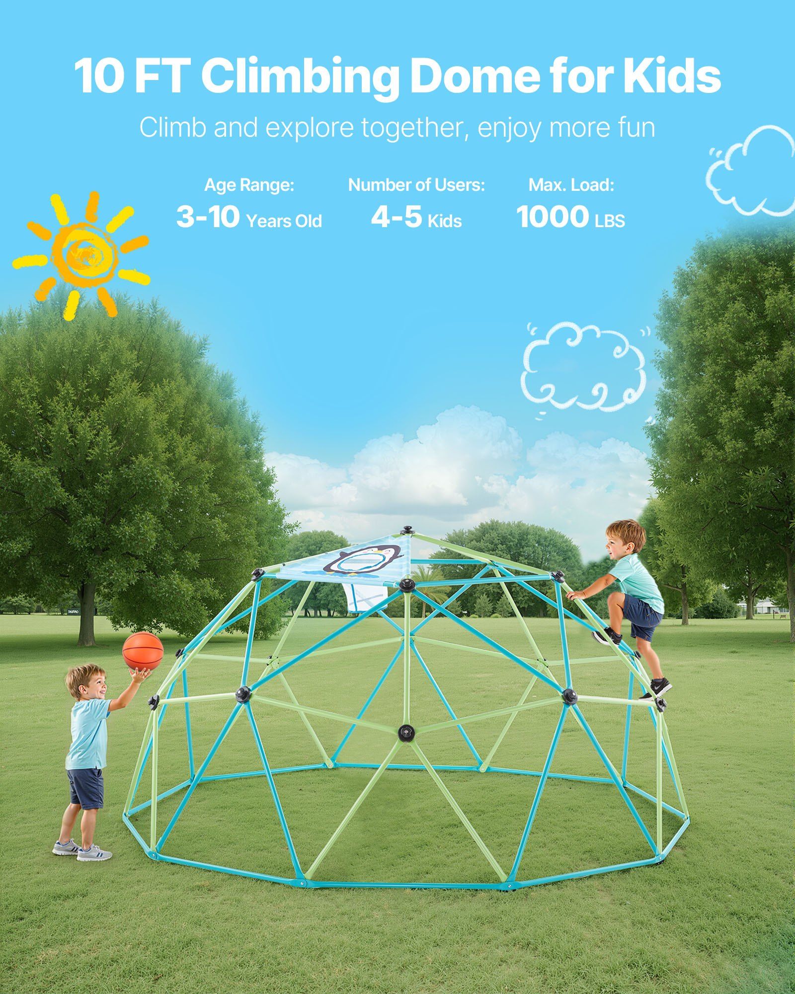 Climbing Dome, 305cm Geometric Dome Climber for Kids, 453kg Loading Jungle Gym Playground with Octopus Net & 2 Basketballs, Easy-Assembly Outdoor Backyard Climbing Toys - Gift for Boys Girls - Image 2