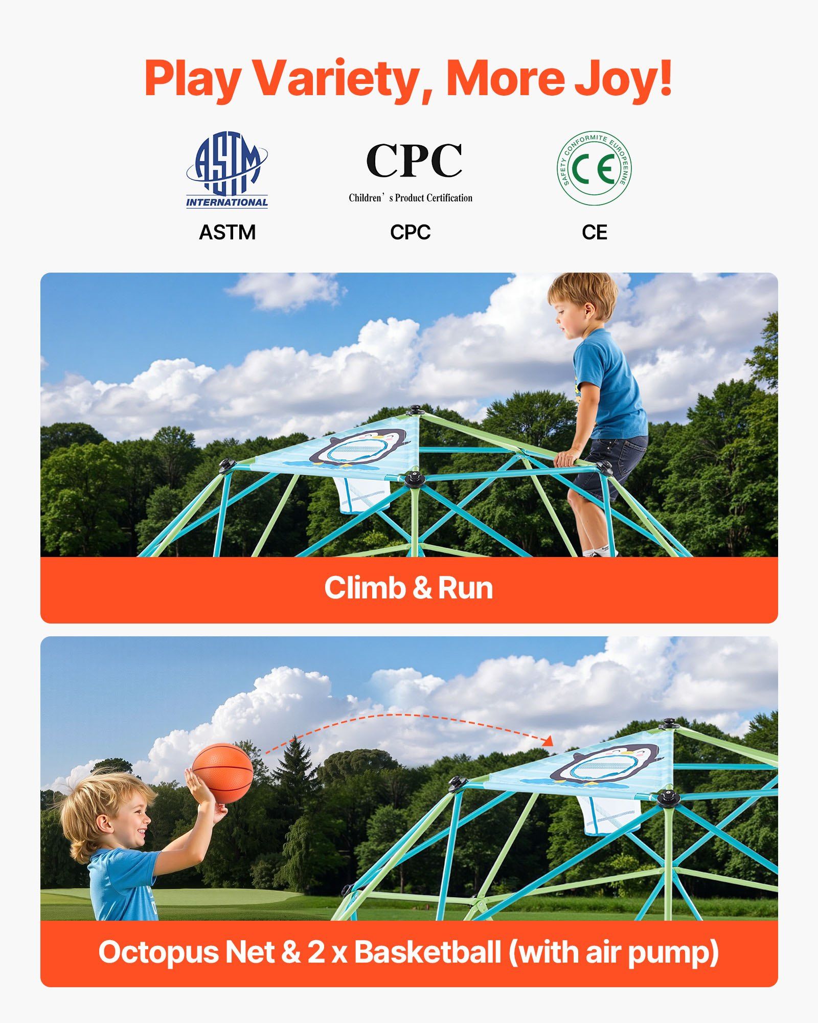 Climbing Dome, 305cm Geometric Dome Climber for Kids, 453kg Loading Jungle Gym Playground with Octopus Net & 2 Basketballs, Easy-Assembly Outdoor Backyard Climbing Toys - Gift for Boys Girls - Image 3