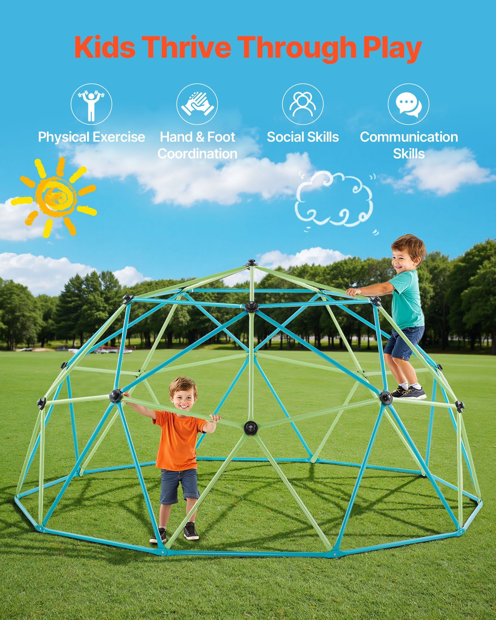 Climbing Dome, 305cm Geometric Dome Climber for Kids, 453kg Loading Jungle Gym Playground with Octopus Net & 2 Basketballs, Easy-Assembly Outdoor Backyard Climbing Toys - Gift for Boys Girls - Image 5
