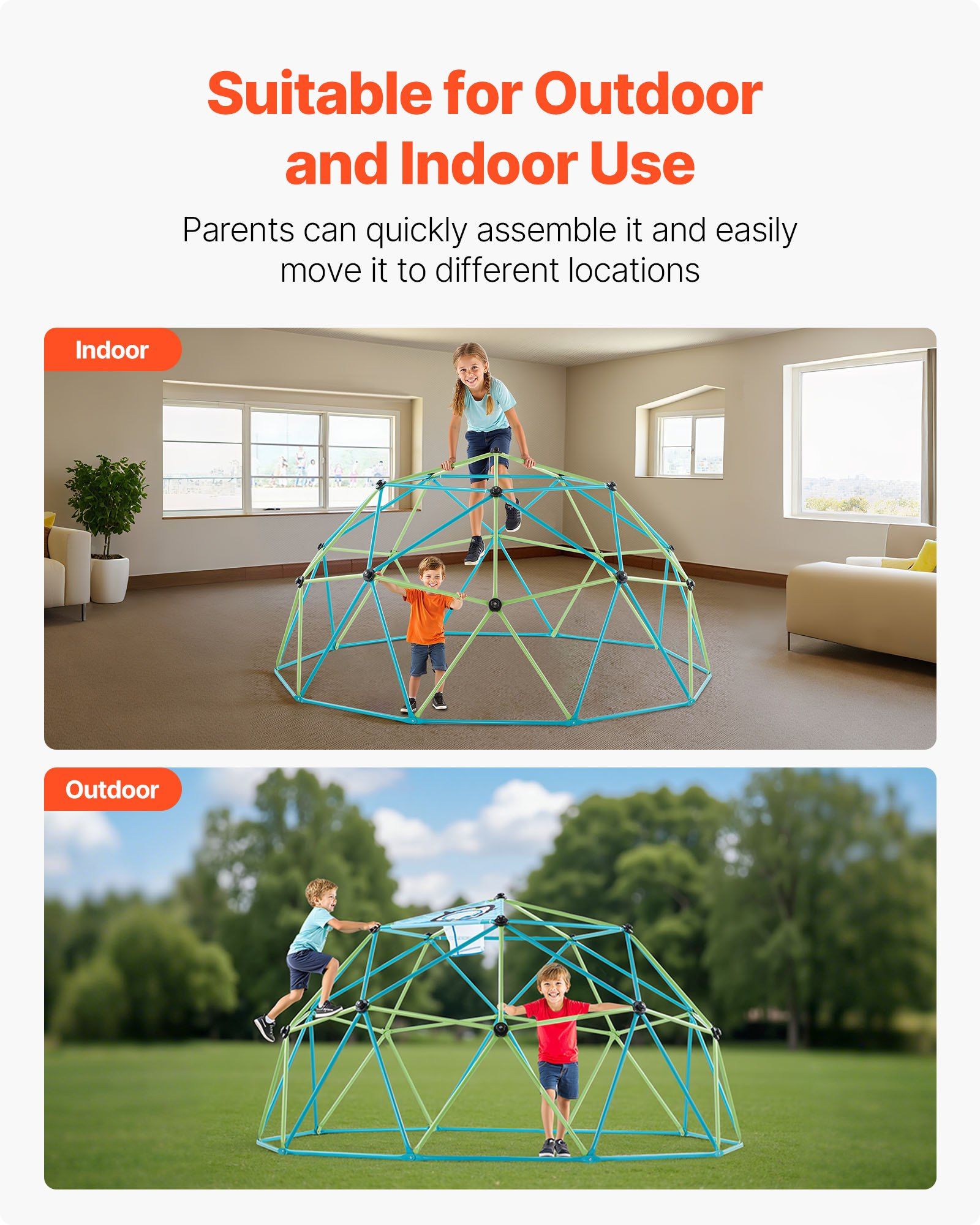 Climbing Dome, 305cm Geometric Dome Climber for Kids, 453kg Loading Jungle Gym Playground with Octopus Net & 2 Basketballs, Easy-Assembly Outdoor Backyard Climbing Toys - Gift for Boys Girls - Image 6