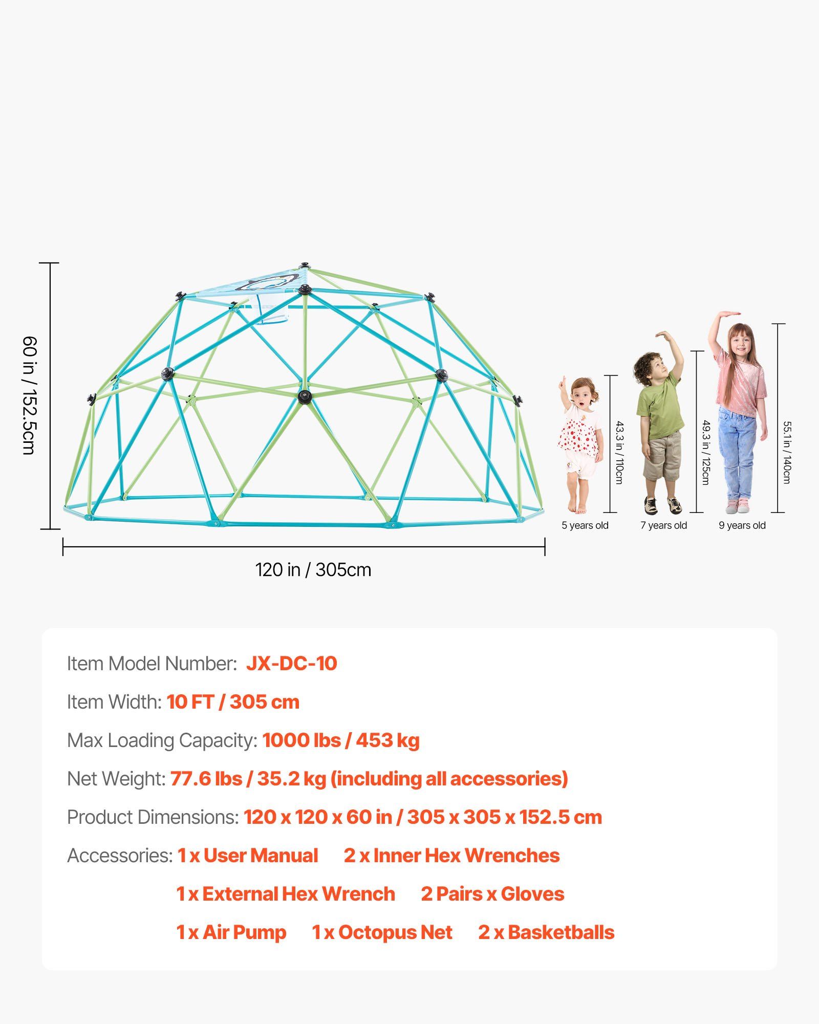 Climbing Dome, 305cm Geometric Dome Climber for Kids, 453kg Loading Jungle Gym Playground with Octopus Net & 2 Basketballs, Easy-Assembly Outdoor Backyard Climbing Toys - Gift for Boys Girls - Image 7