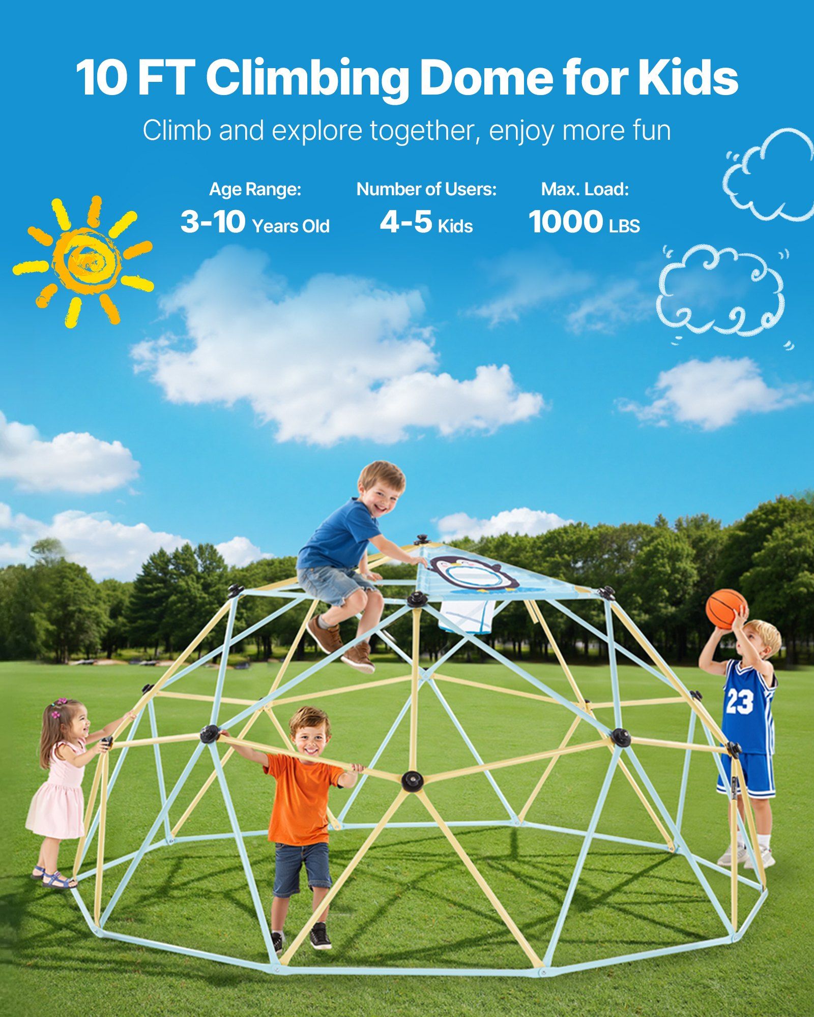 Climbing Dome, 305cm Geometric Dome Climber, 453kg Loading Jungle Gym Playground with 2 Basketballs & Octopus Net, Easy-Assembly Outdoor Backyard Climbing Equipment for Kids 3 to 10 Years Old - Image 2