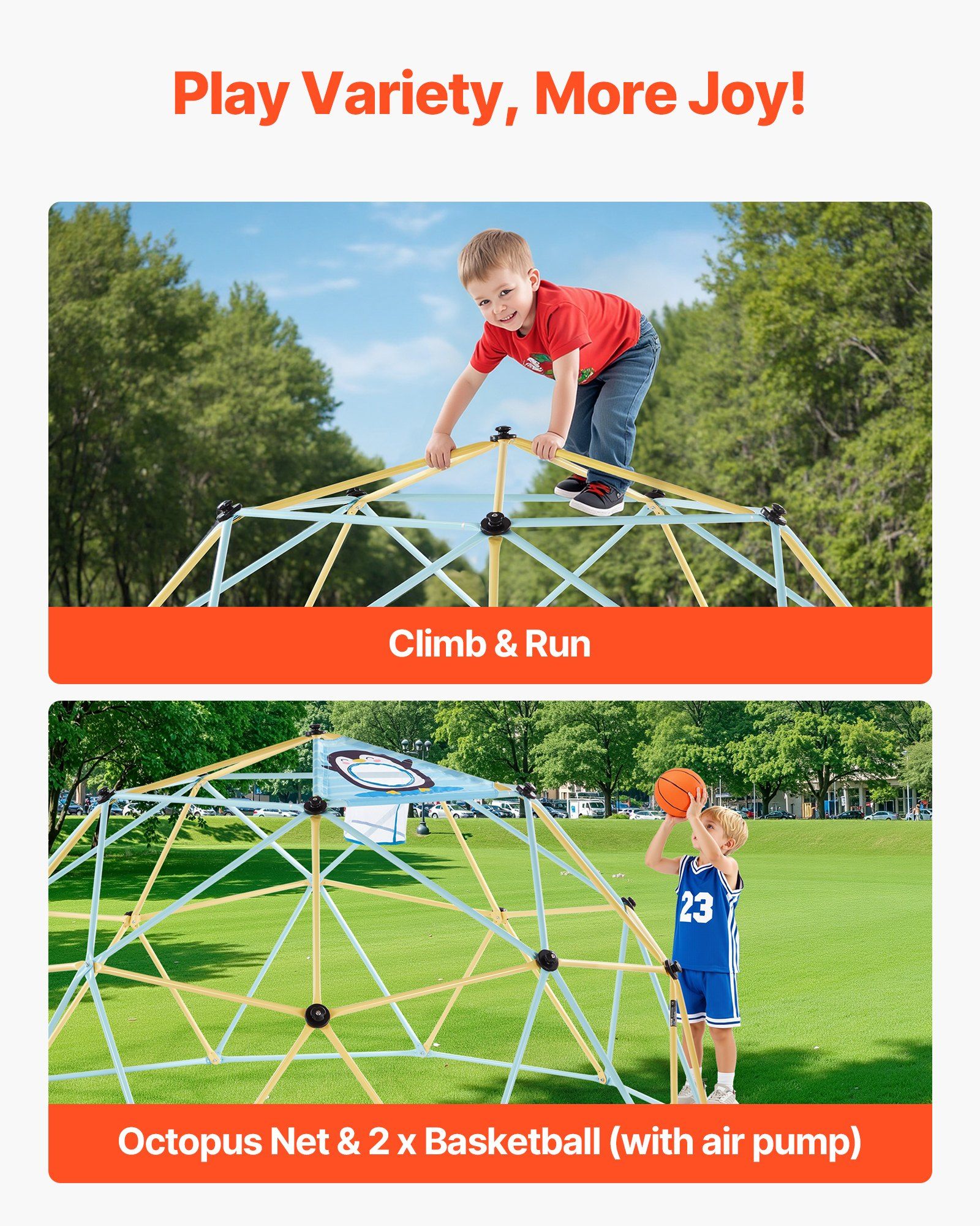 Climbing Dome, 305cm Geometric Dome Climber, 453kg Loading Jungle Gym Playground with 2 Basketballs & Octopus Net, Easy-Assembly Outdoor Backyard Climbing Equipment for Kids 3 to 10 Years Old - Image 3