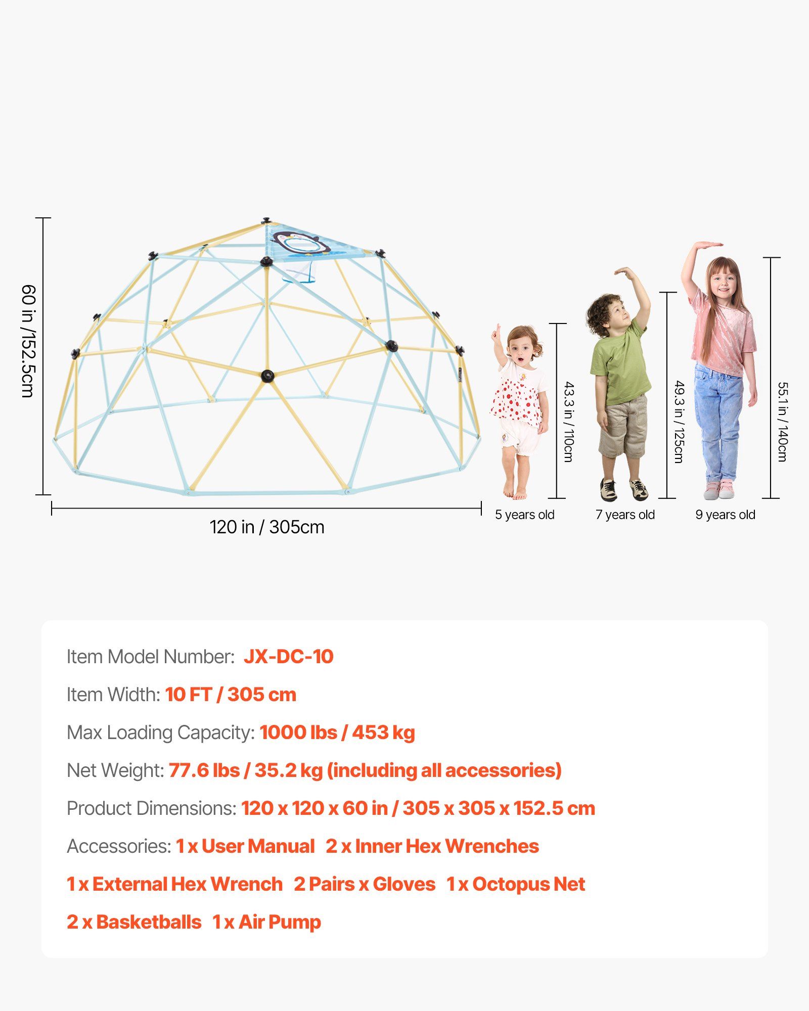 Climbing Dome, 305cm Geometric Dome Climber, 453kg Loading Jungle Gym Playground with 2 Basketballs & Octopus Net, Easy-Assembly Outdoor Backyard Climbing Equipment for Kids 3 to 10 Years Old - Image 7