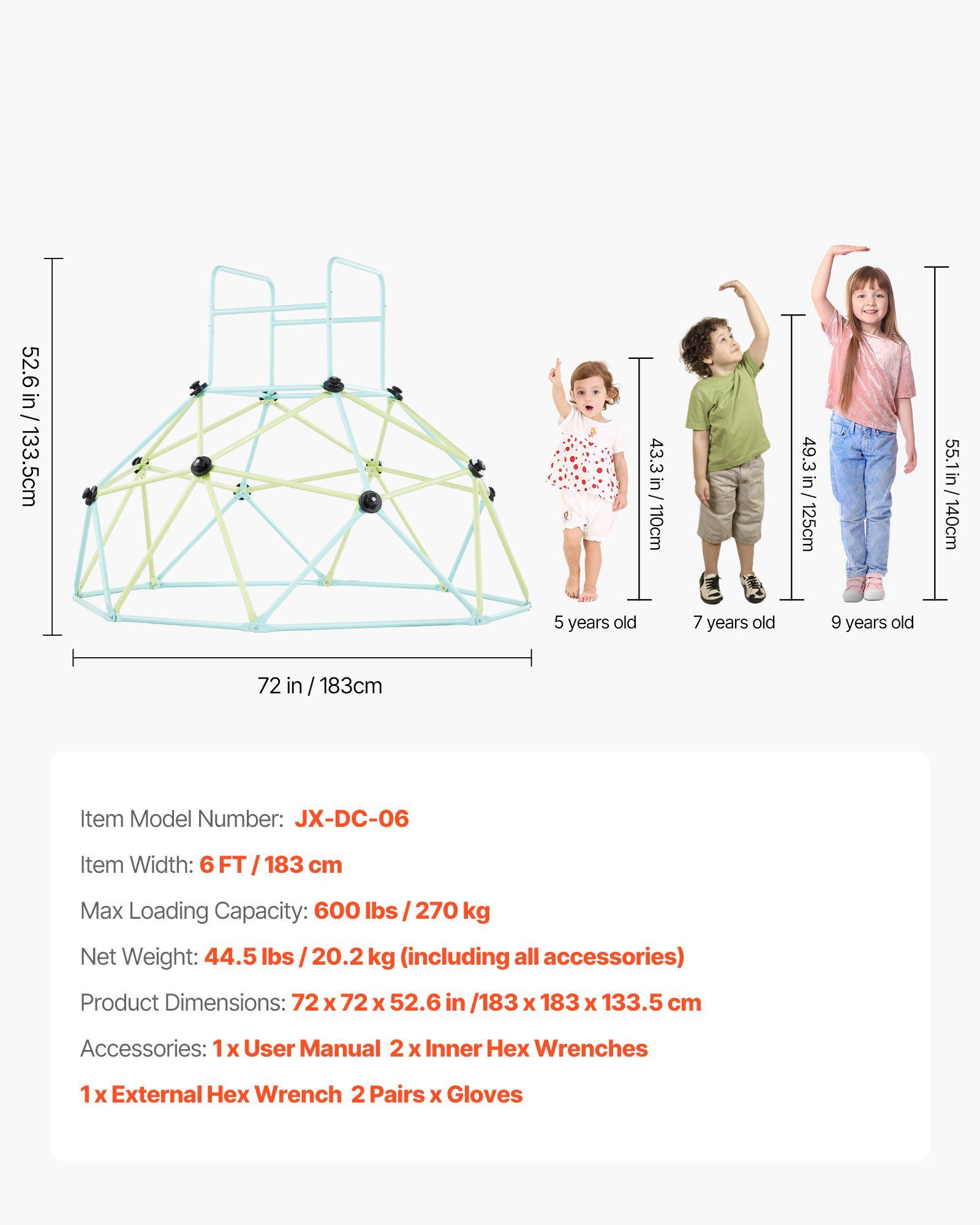 Climbing Dome, 183cm Geometric Dome Climber for Kids, 270kg Loading Indoor/Outdoor Jungle Gym Playground, Easy-Assembly Backyard Climbing Play Equipment for Boys Girls 3 to 10 Years Old - Image 7