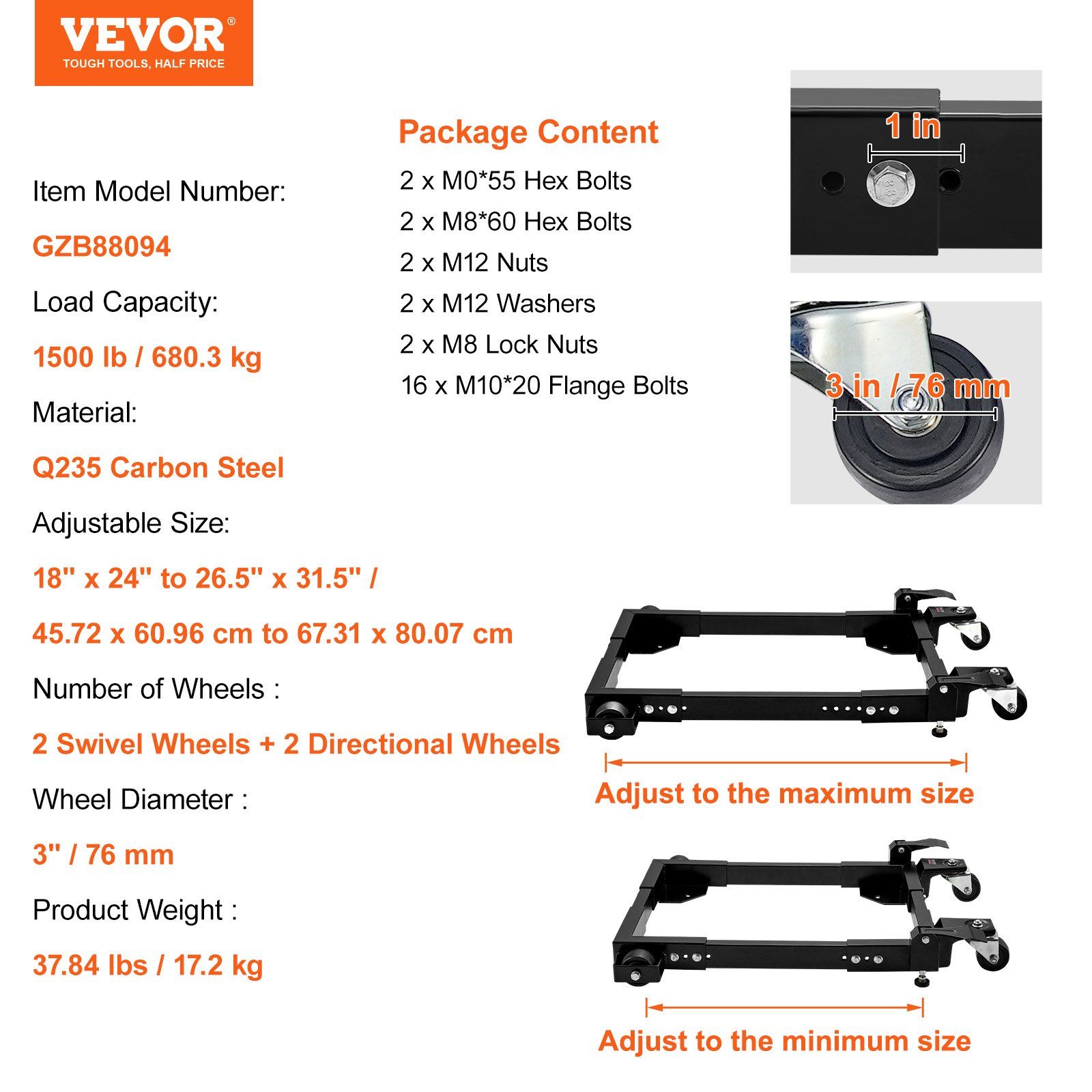Mobile Base, 680.3 kg Capacity, Adjustable from 457.2 x 609.6 mm to 673.1 x 800.7 mm, Heavy Duty Universal Mobile Base Stand with Swivel Wheels, for Woodworking Equipment, Bandsaw, Power Tools - Image 7