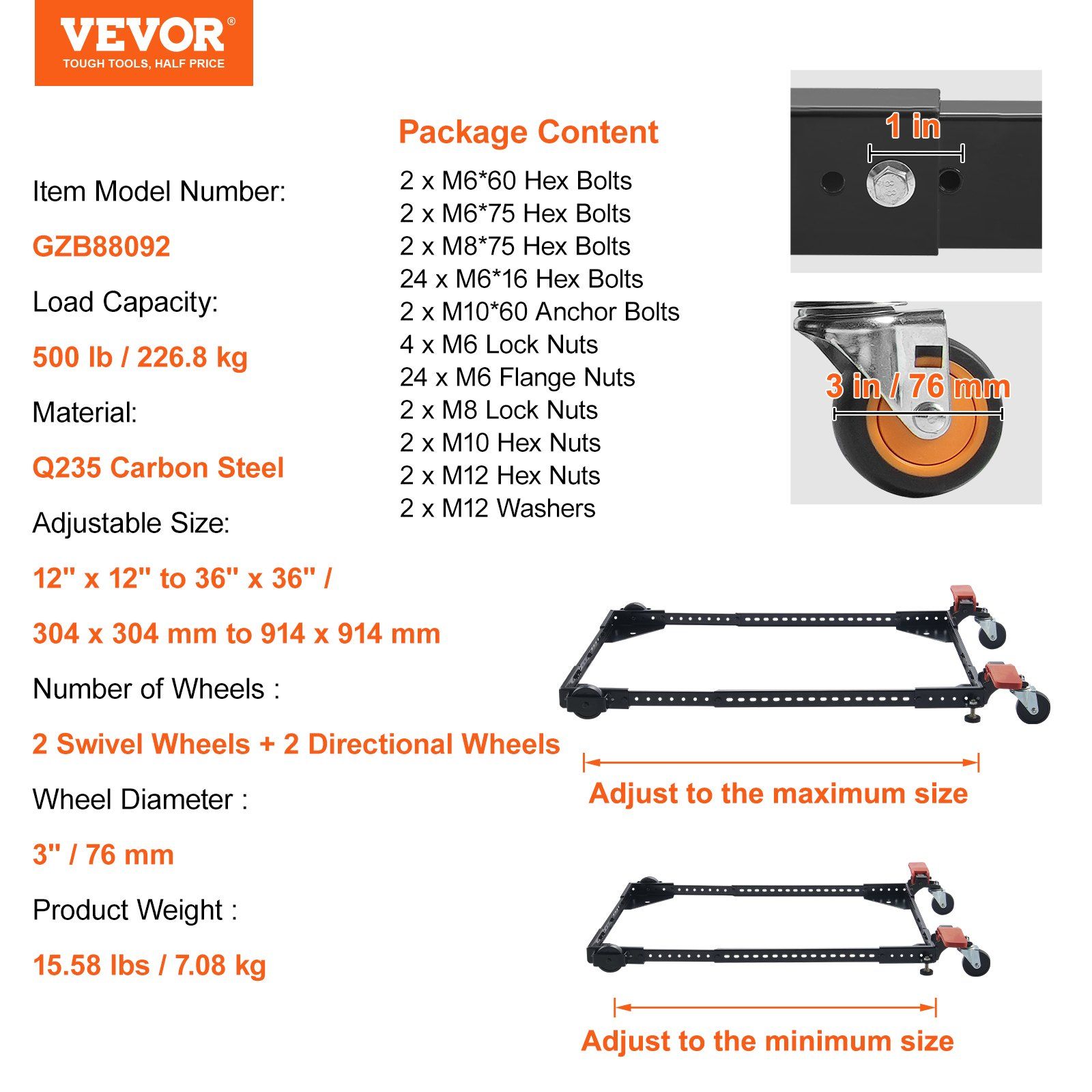 Mobile Base, 226.8 kg Capacity, Adjustable from 304 x 304 mm to 914 x 914 mm, Heavy Duty Universal Mobile Base Stand with Swivel Wheels, for Woodworking Equipment, Bandsaw, Power Tools, Machines - Image 7