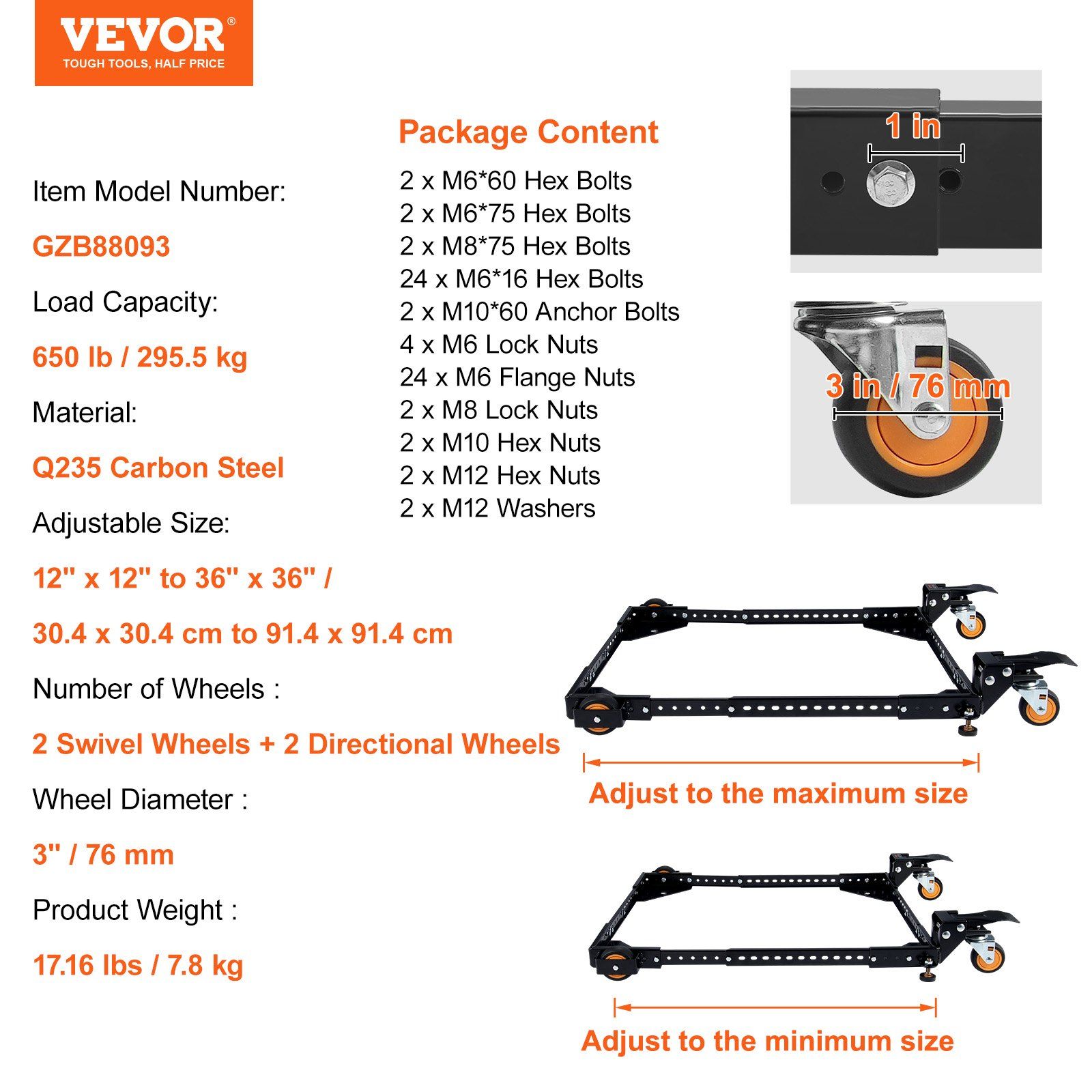 Mobile Base, 295.5 kg Capacity, Adjustable from 304 x 304 mm to 914 x 914 mm, Heavy Duty Universal Mobile Base Stand with Swivel Wheels, for Woodworking Equipment, Bandsaw, Power Tools, Machines - Image 7