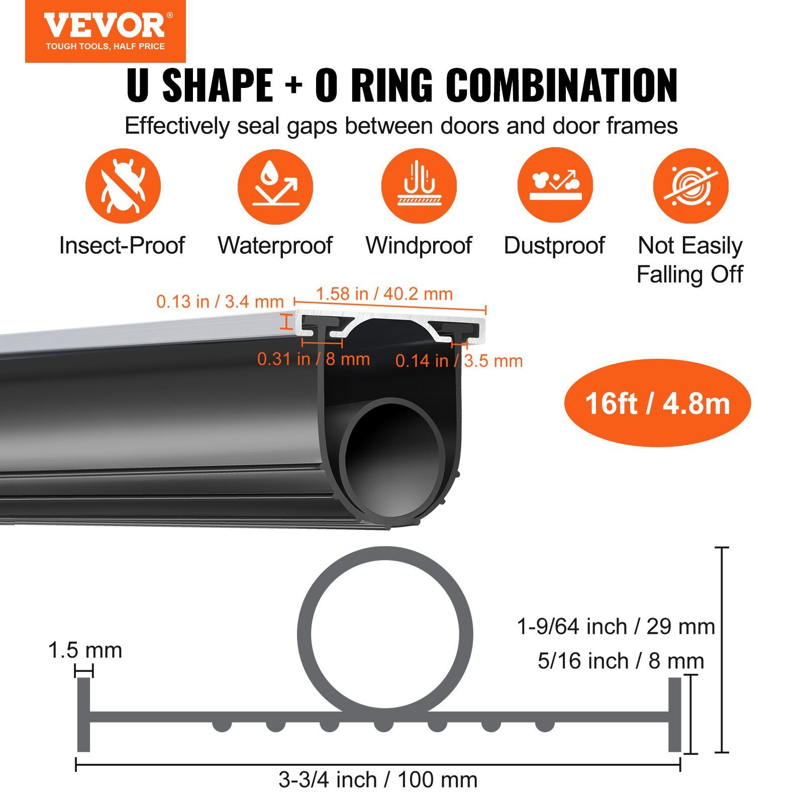 Garage Door Seals Bottom Rubber, U Shape +O Ring Garage Door Bottom Weather Seal with Pre-drilled Aluminum Track Retainer Kit, 16ft 5/16 inch T-ends and 3 3/4 inch Width, for Doors, Black - Image 2