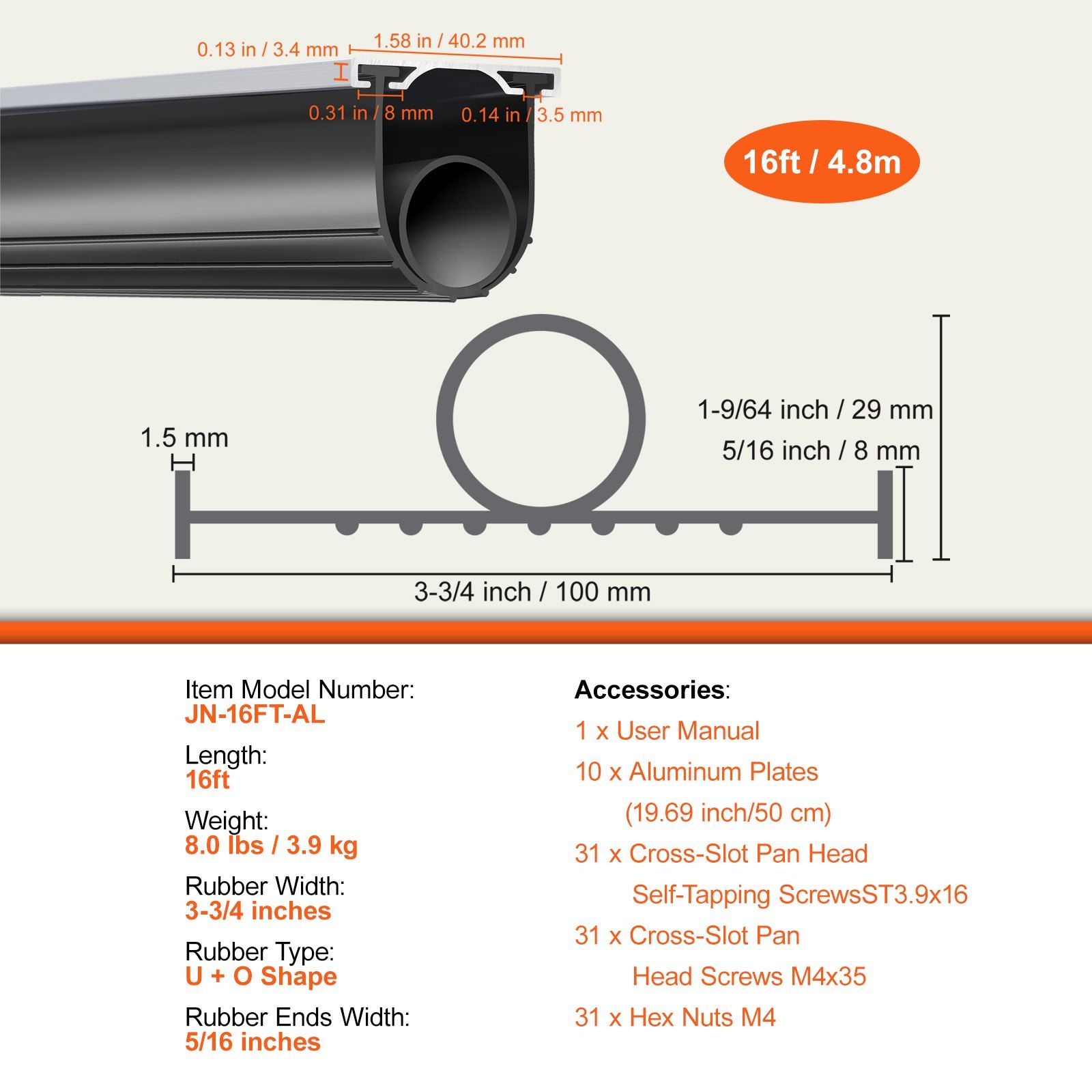 Garage Door Seals Bottom Rubber, U Shape +O Ring Garage Door Bottom Weather Seal with Pre-drilled Aluminum Track Retainer Kit, 16ft 5/16 inch T-ends and 3 3/4 inch Width, for Doors, Black - Image 7